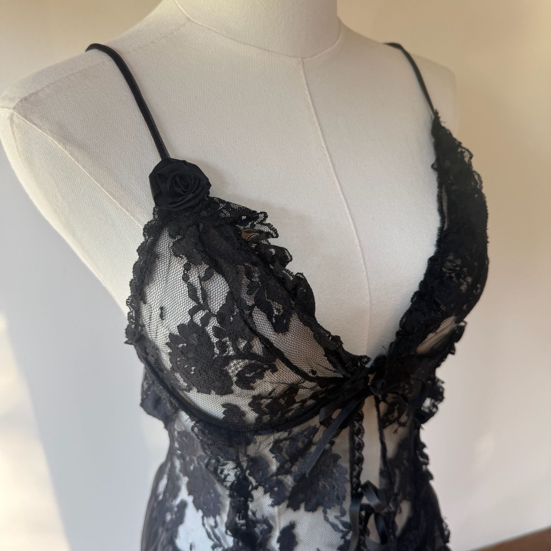Vintage Black Lace Babydoll Lingerie Dress Nylon 13