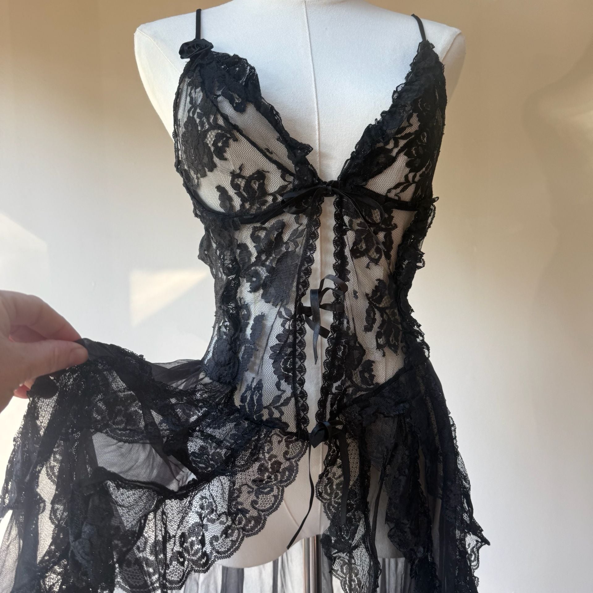 Vintage Black Lace Babydoll Lingerie Dress Nylon 14