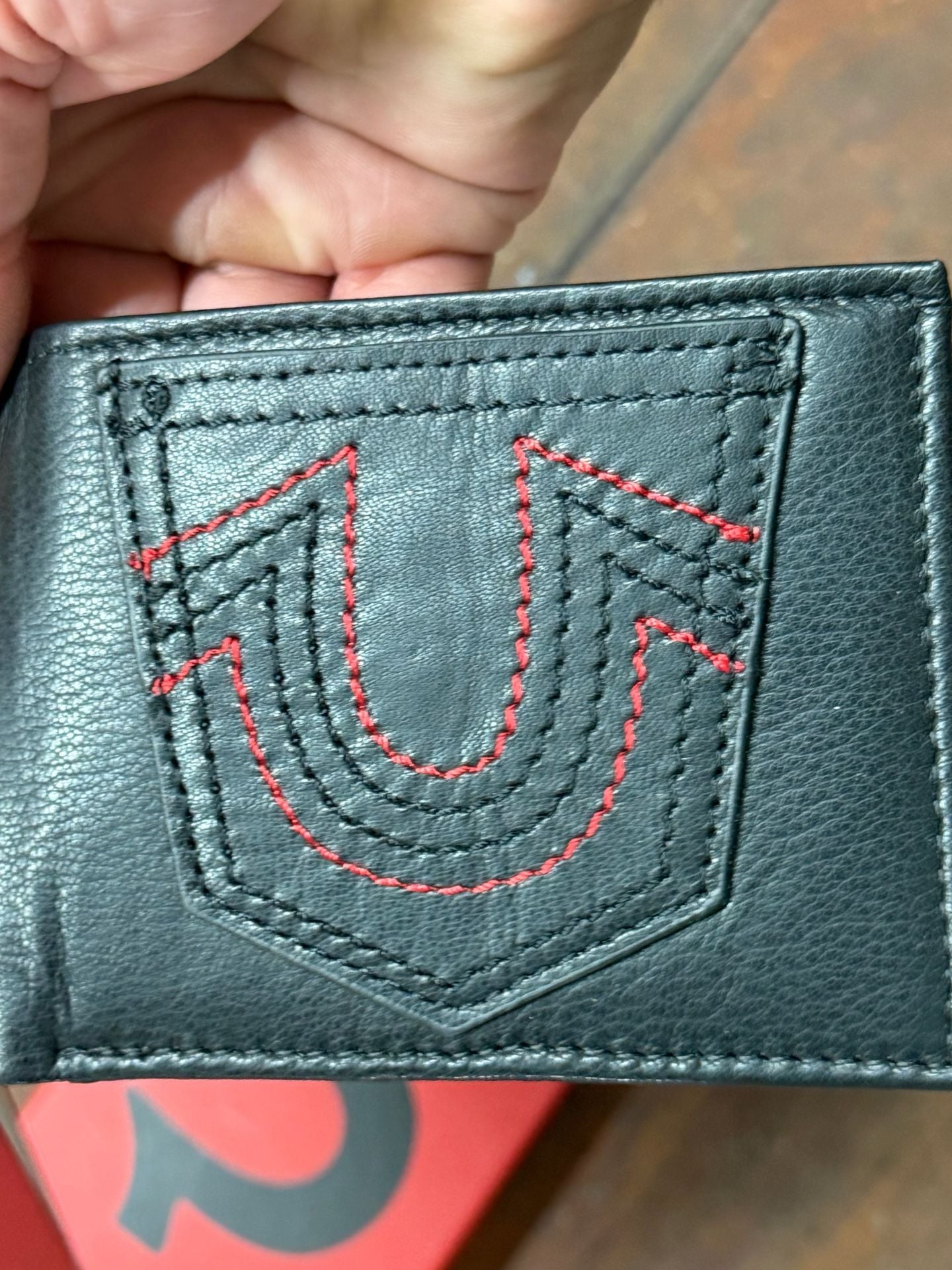 True Religion Black Leather Wallet With Red Stitching In Box 4