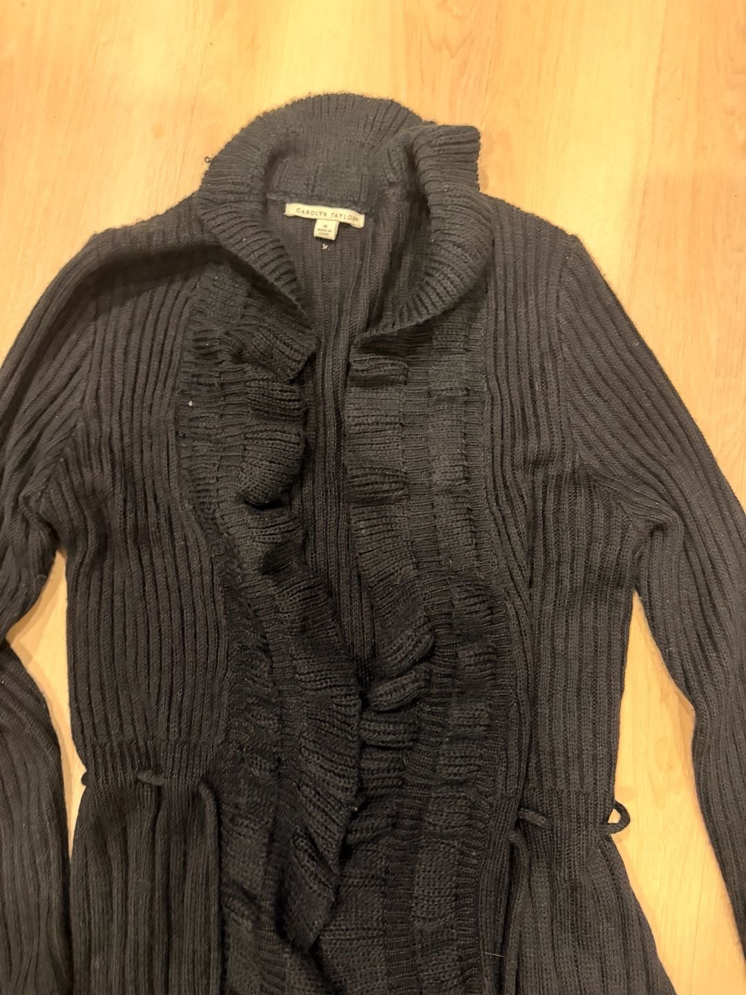 Carolyn Taylor Cardigan Size M Black Ruffle Ribbed Knit Open Front 5