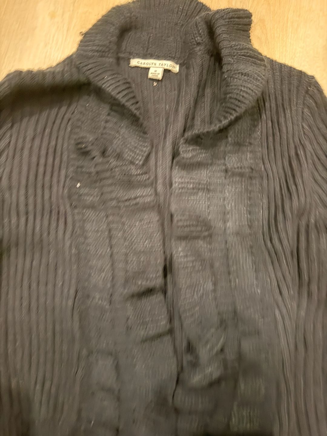 Carolyn Taylor Cardigan Size M Black Ruffle Ribbed Knit Open Front 6