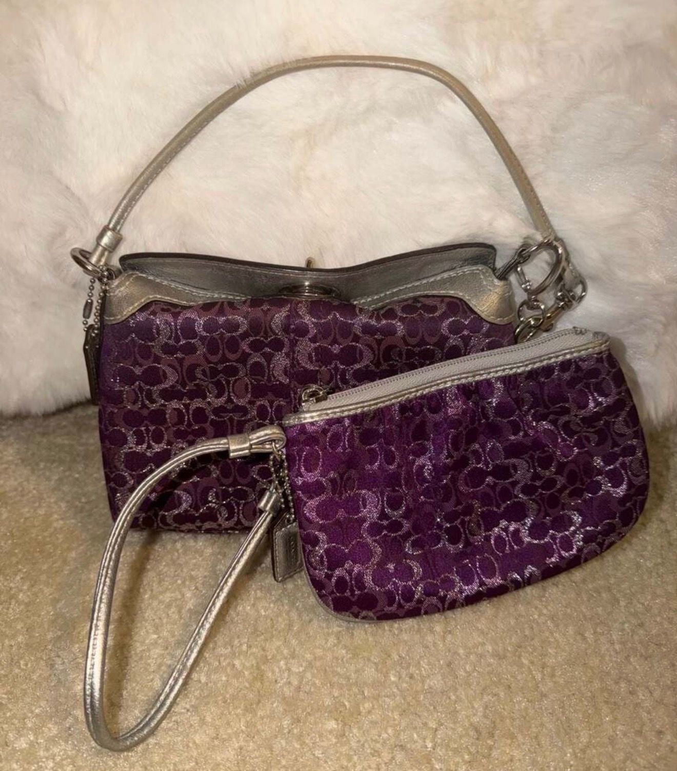 Coach Signature Purple Metallic Handbag And Wristlet Set 1