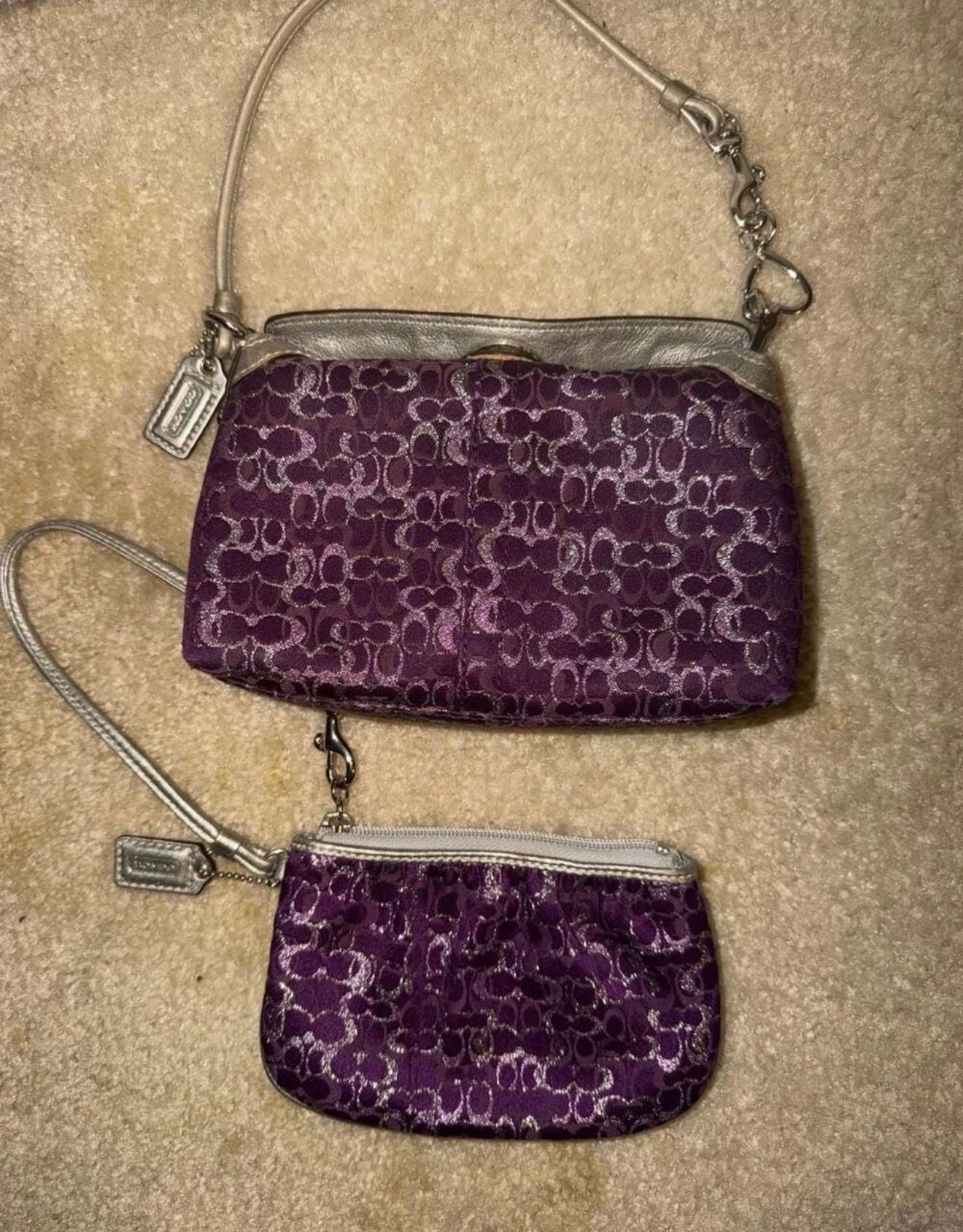 Coach Signature Purple Metallic Handbag And Wristlet Set 2