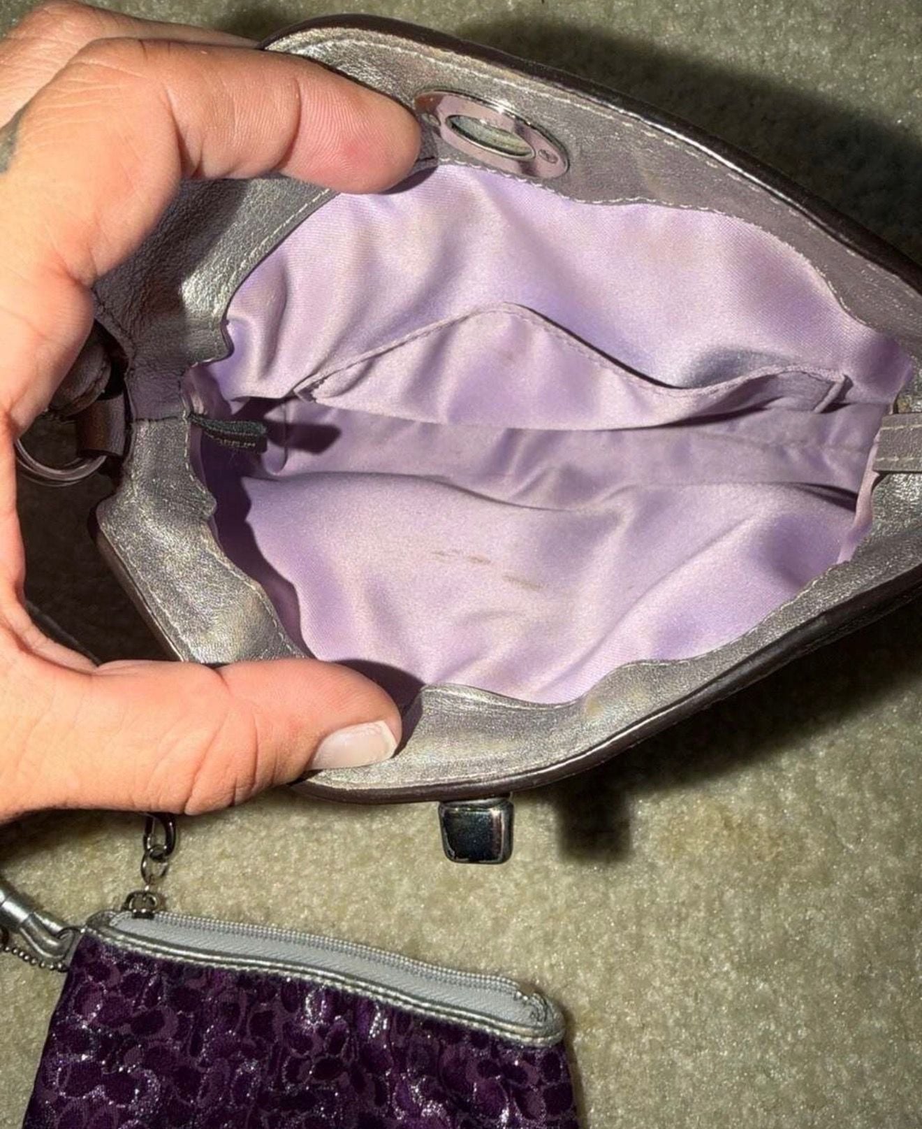 Coach Signature Purple Metallic Handbag And Wristlet Set 3
