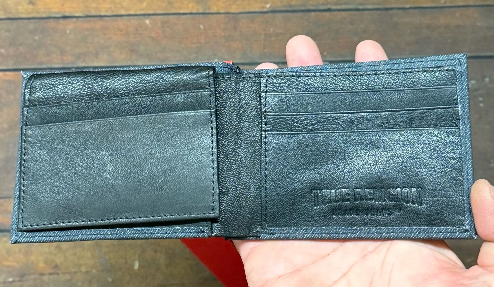 True Religion Reece Denim Bifold Wallet Black Red Stitching In Box 4