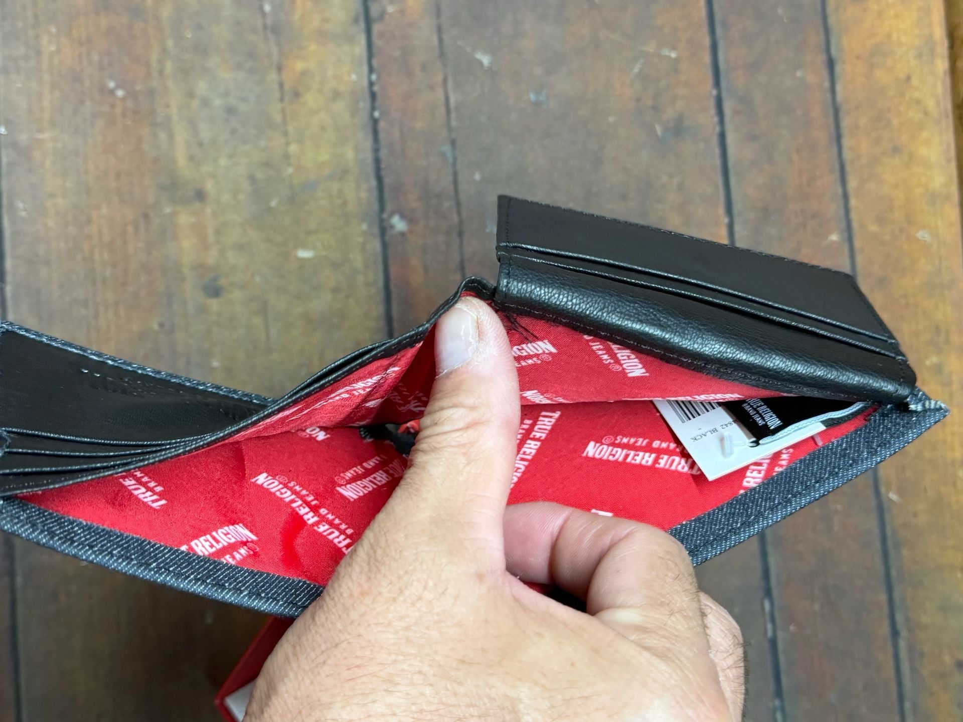 True Religion Reece Denim Bifold Wallet Black Red Stitching In Box 5