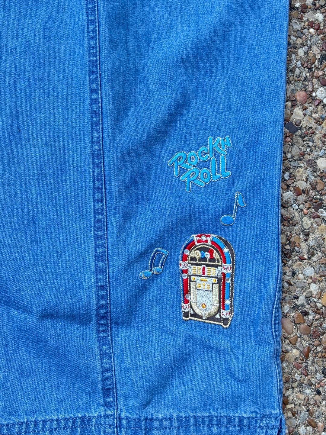 Vintage 90s Rock & Roll Jukebox Denim Pants Large Embroidered Elastic Waist USA 3