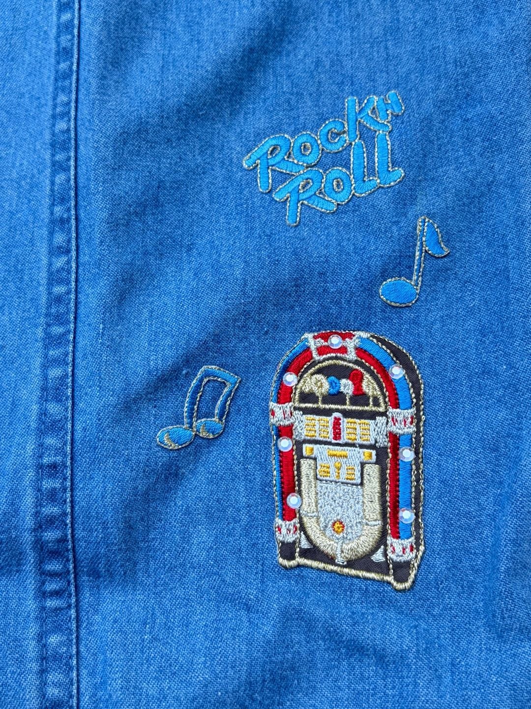Vintage 90s Rock & Roll Jukebox Denim Pants Large Embroidered Elastic Waist USA 4