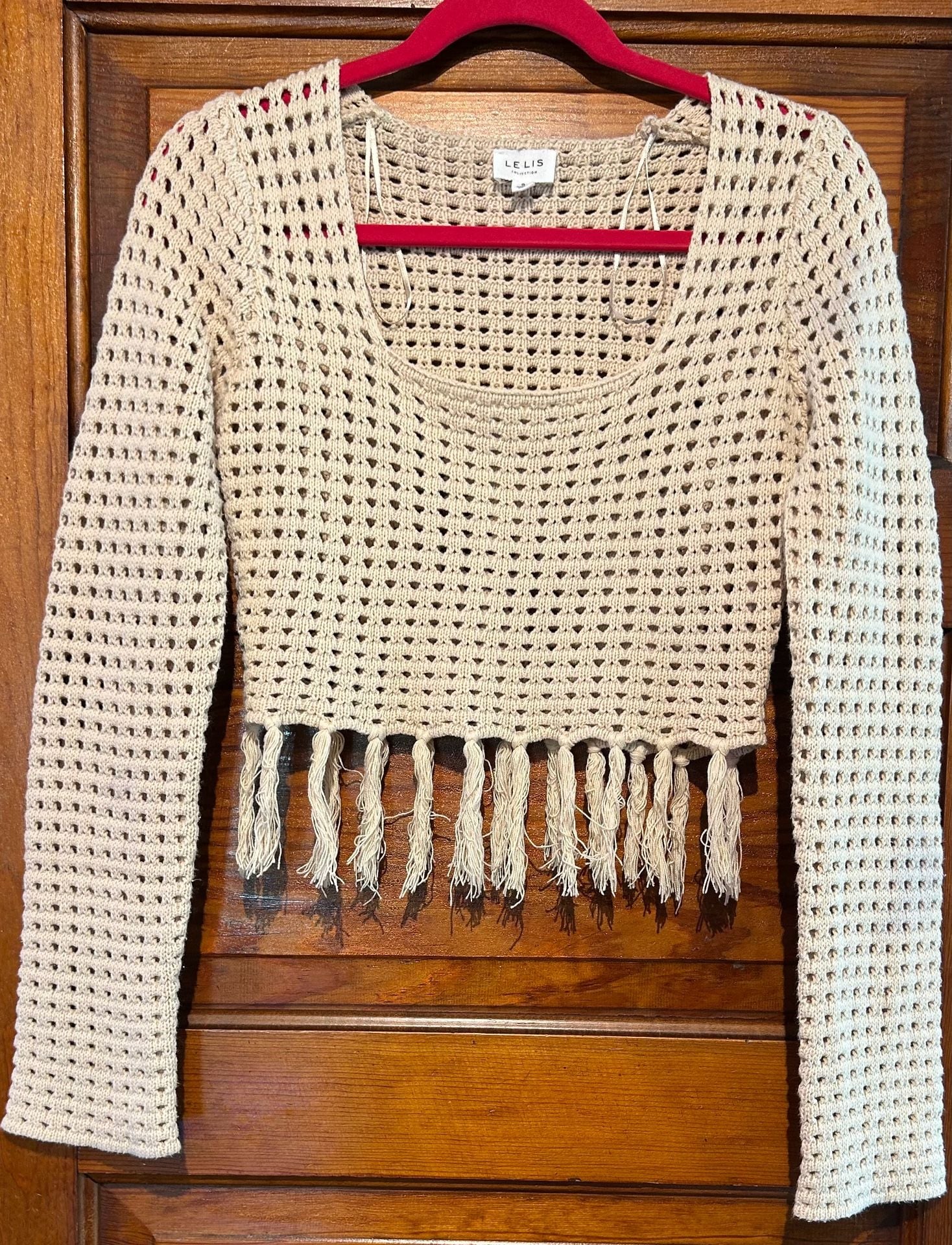 Le Lis Collection Crocheted Fringe Sweater Size S Beige 2