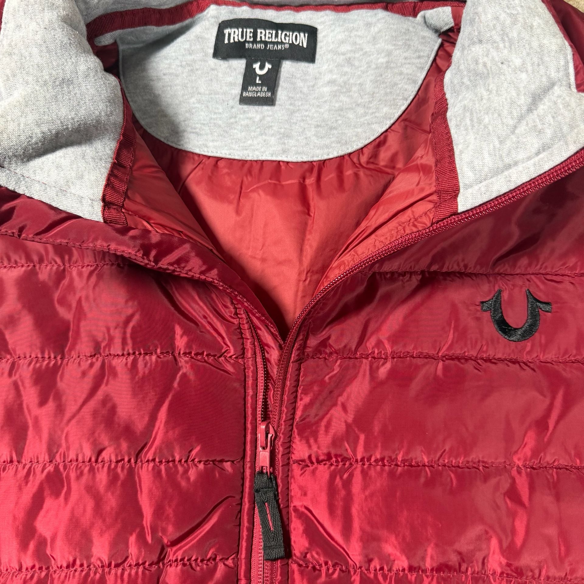 True Religion Puffer Vest Size L Red Quilted Collar Full Zip 4