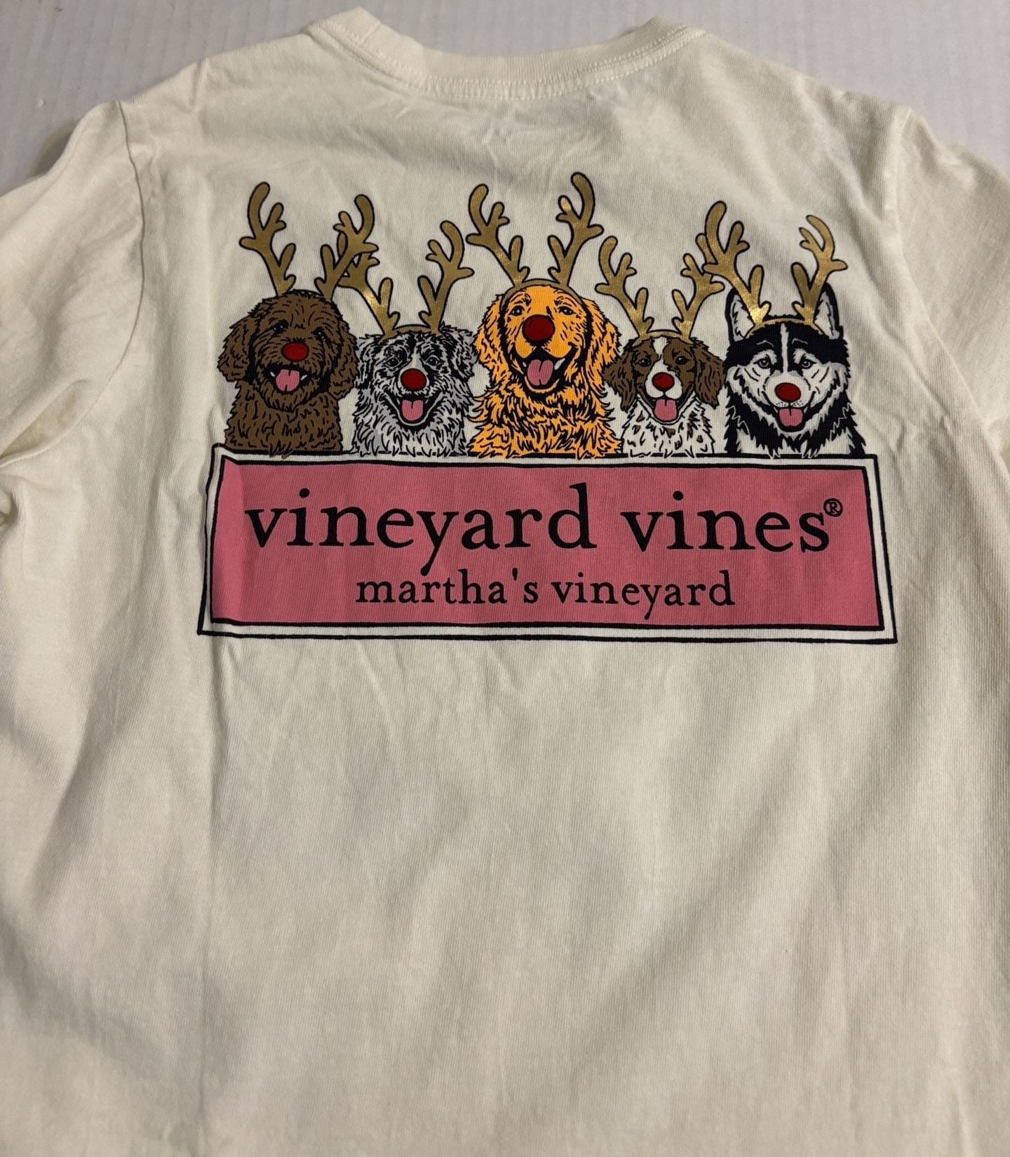 Vineyard Vines Christmas Reindeer Dogs Long Sleeve T-Shirt Size S White 7