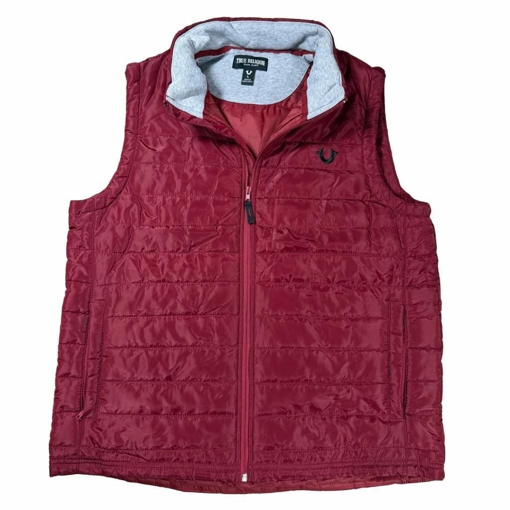 True Religion Puffer Vest Size L Red Quilted Collar Full Zip 2