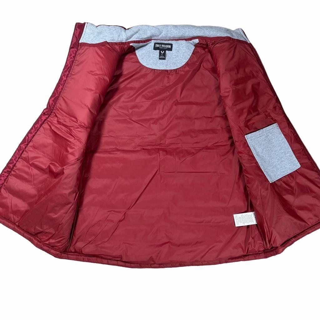 True Religion Puffer Vest Size L Red Quilted Collar Full Zip 5