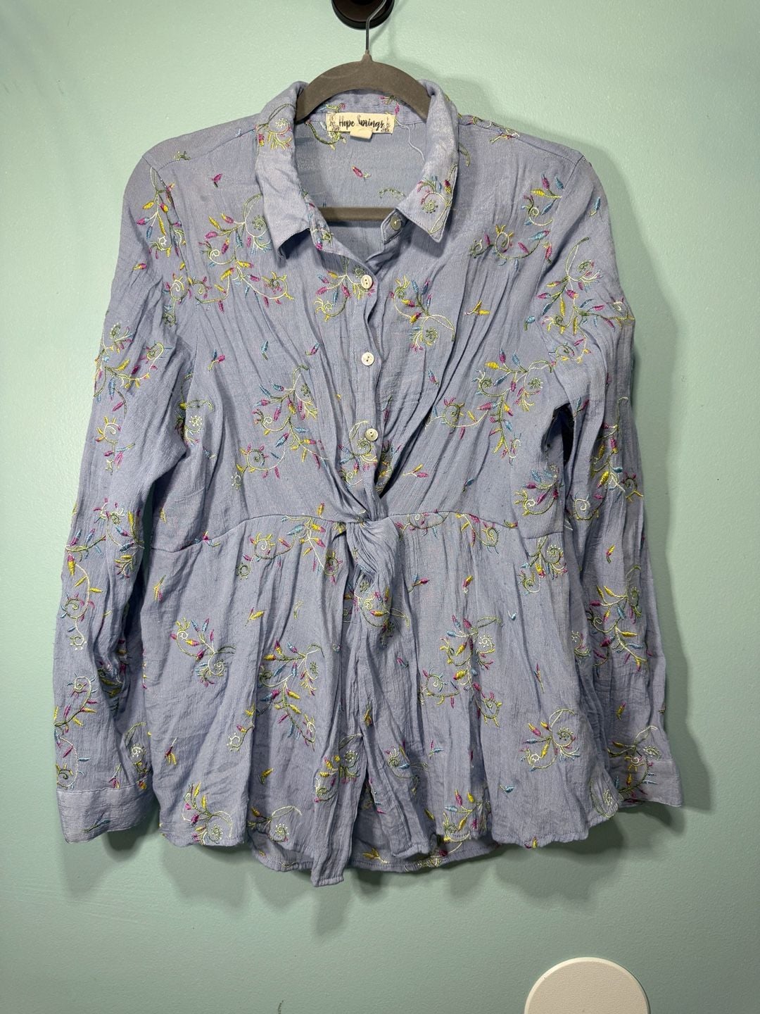 Hope Springs Embroidered Shirt Size L Blue Long Sleeve Button Up Top 2