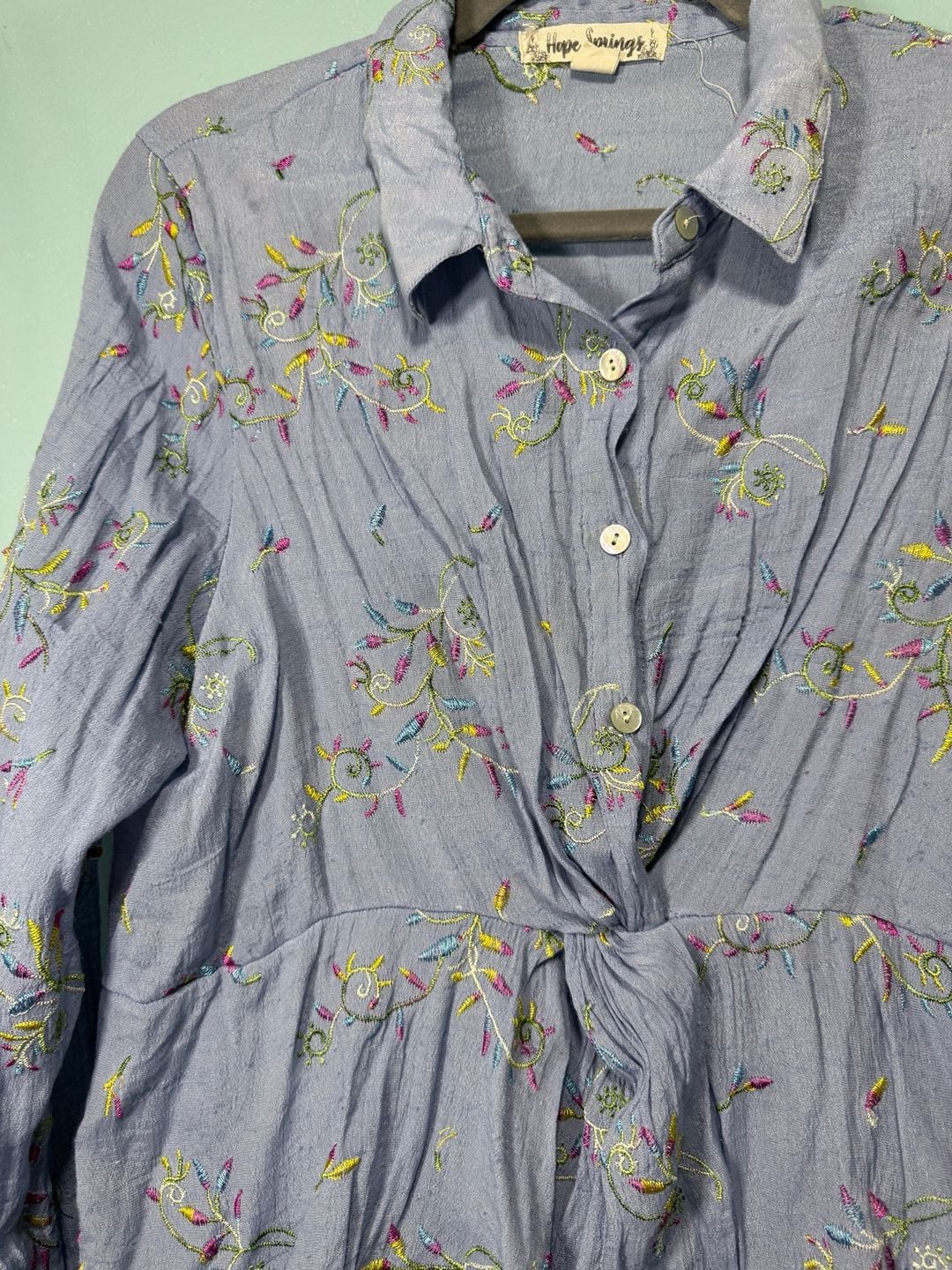Hope Springs Embroidered Shirt Size L Blue Long Sleeve Button Up Top 3