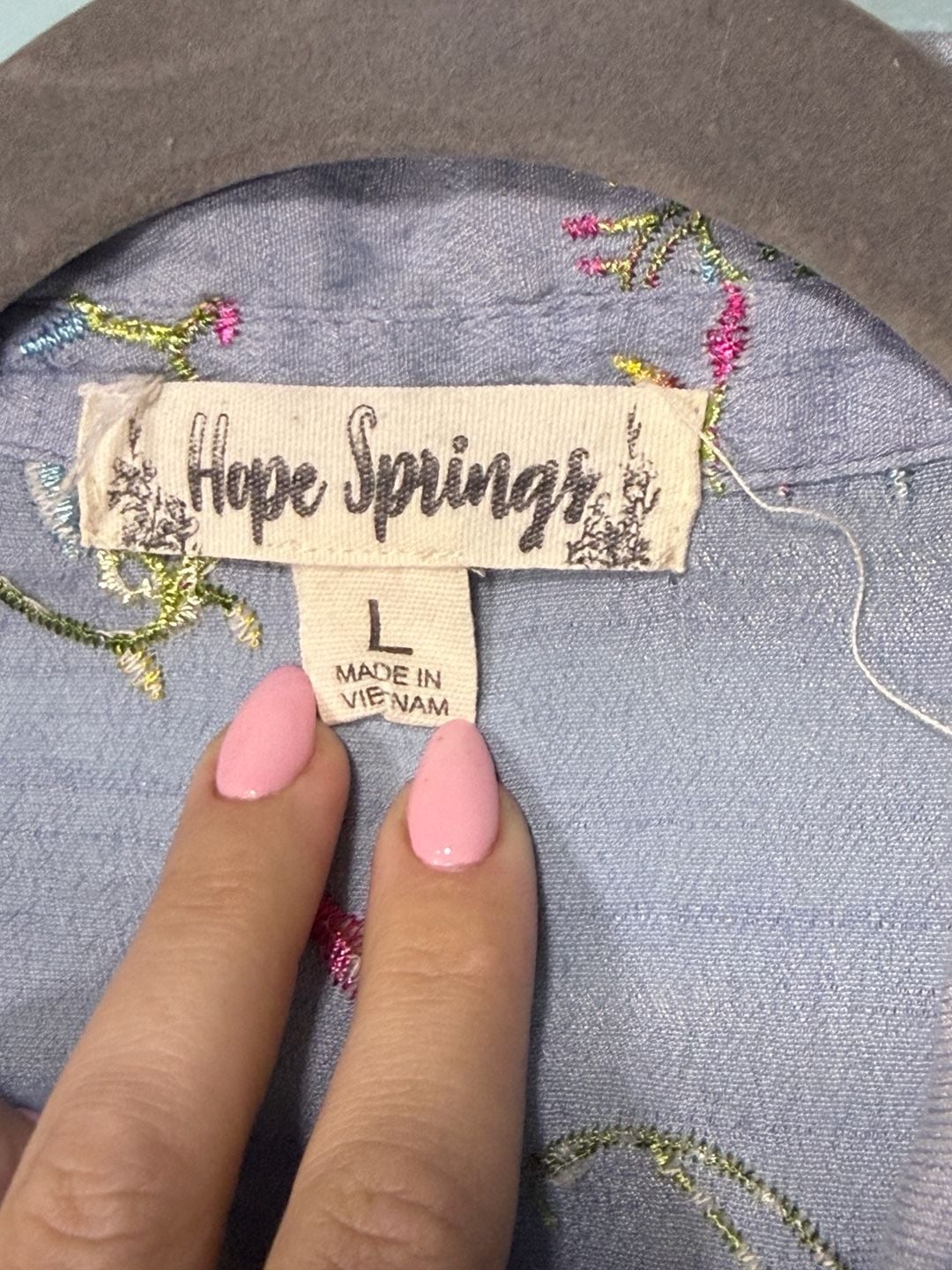 Hope Springs Embroidered Shirt Size L Blue Long Sleeve Button Up Top 7