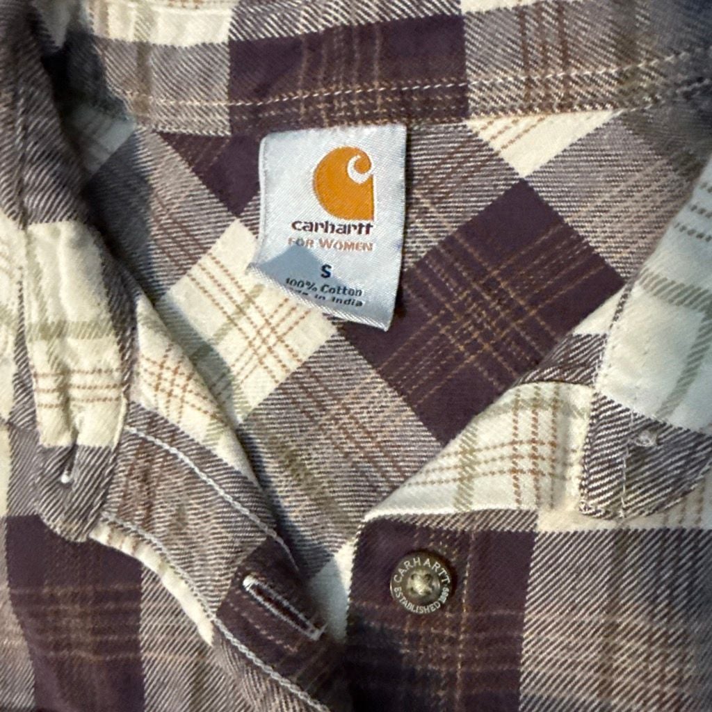 Carhartt For Women Plaid Flannel Shirt Size S Purple White Long Sleeve 2