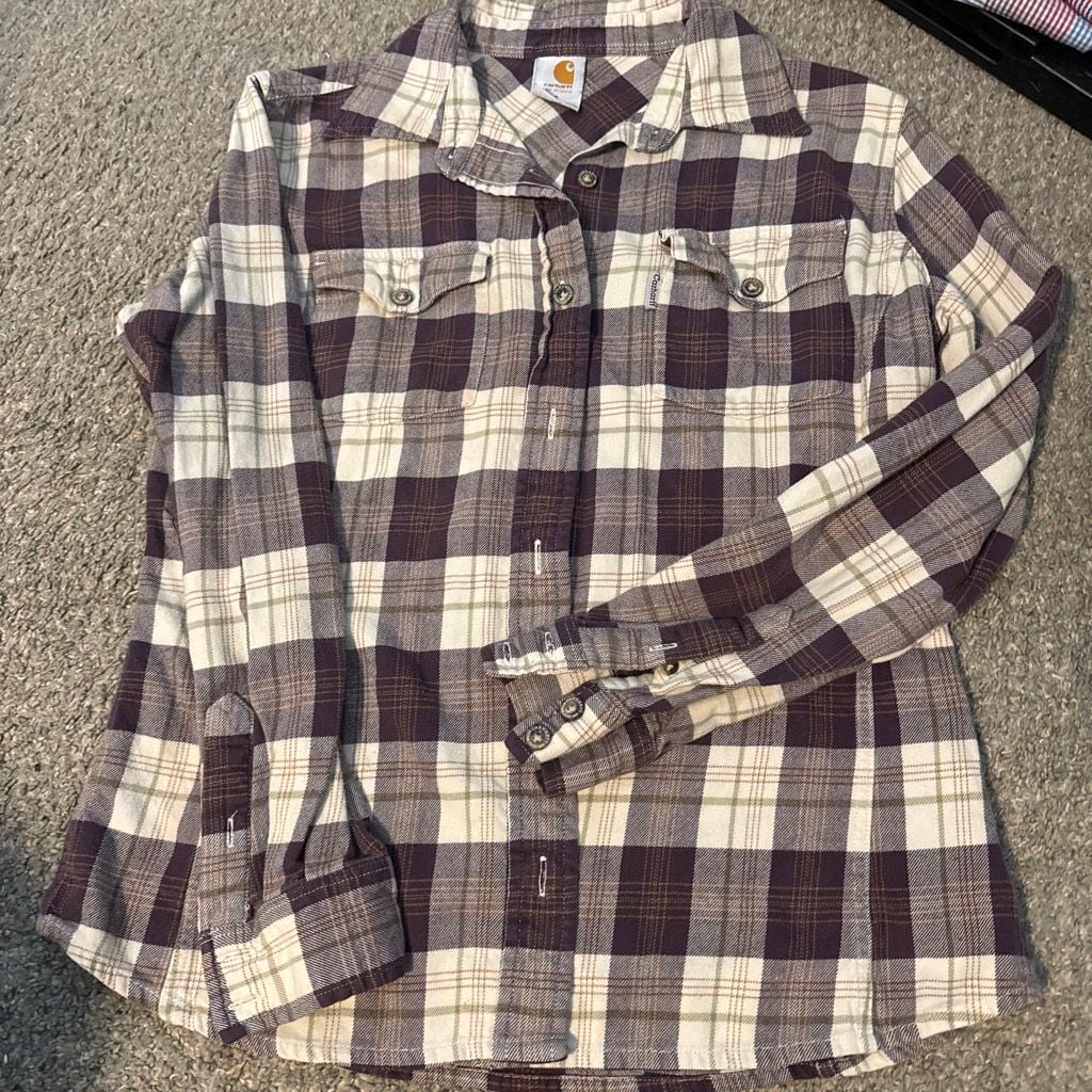 Carhartt For Women Plaid Flannel Shirt Size S Purple White Long Sleeve 3