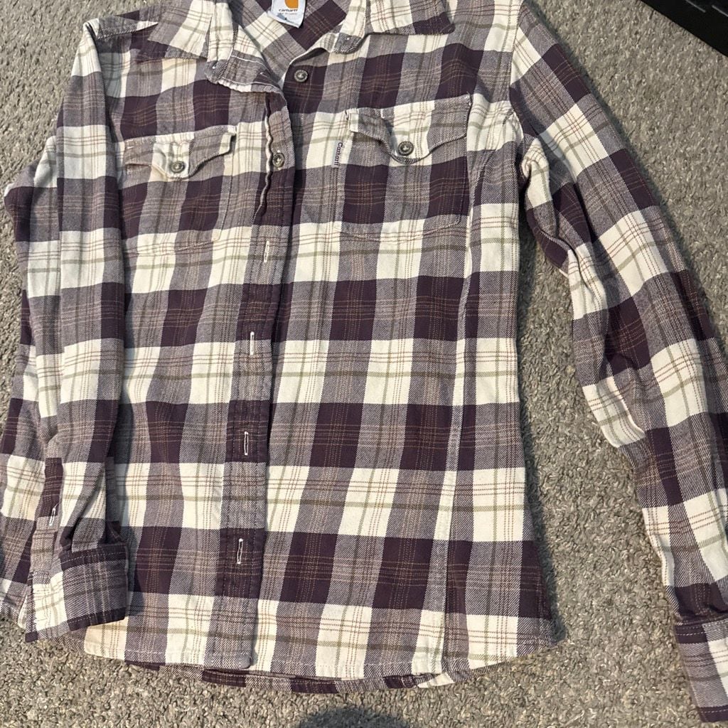 Carhartt For Women Plaid Flannel Shirt Size S Purple White Long Sleeve 5