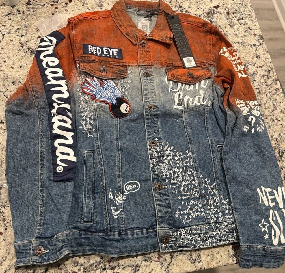 DRMLND Manifest Denim Jacket Red Eye Brigade 8-Ball Patch Size M 2