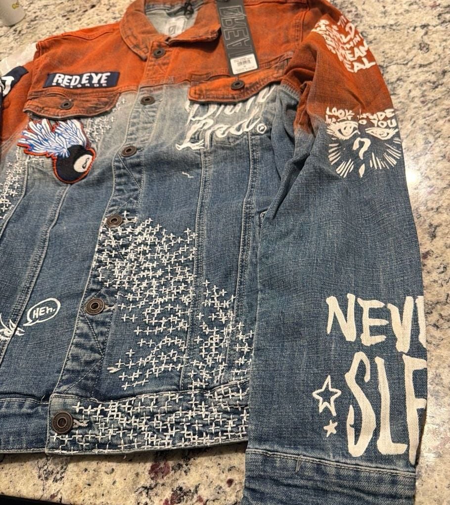 DRMLND Manifest Denim Jacket Red Eye Brigade 8-Ball Patch Size M 4