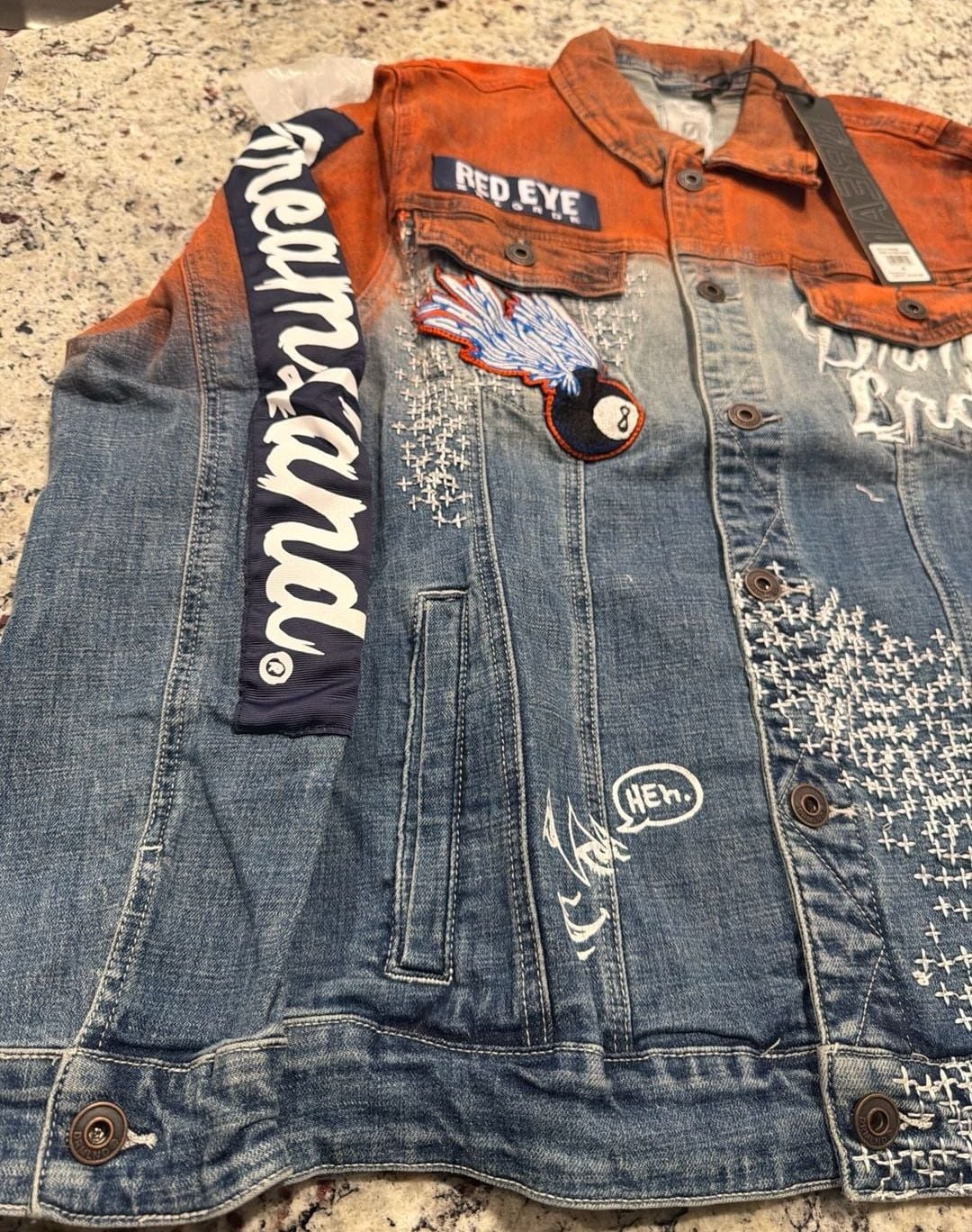 DRMLND Manifest Denim Jacket Red Eye Brigade 8-Ball Patch Size M 3