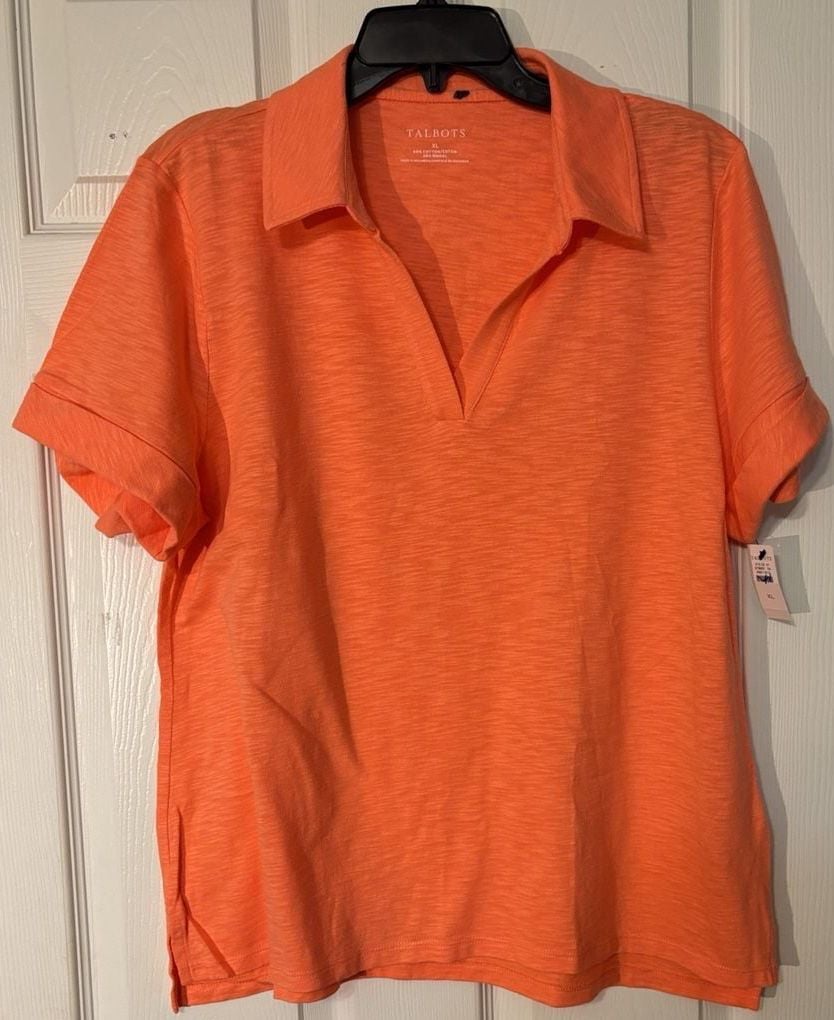 Talbots Slub Knit Polo Shirt Size XL Orange Cotton Blend Short Sleeve 2