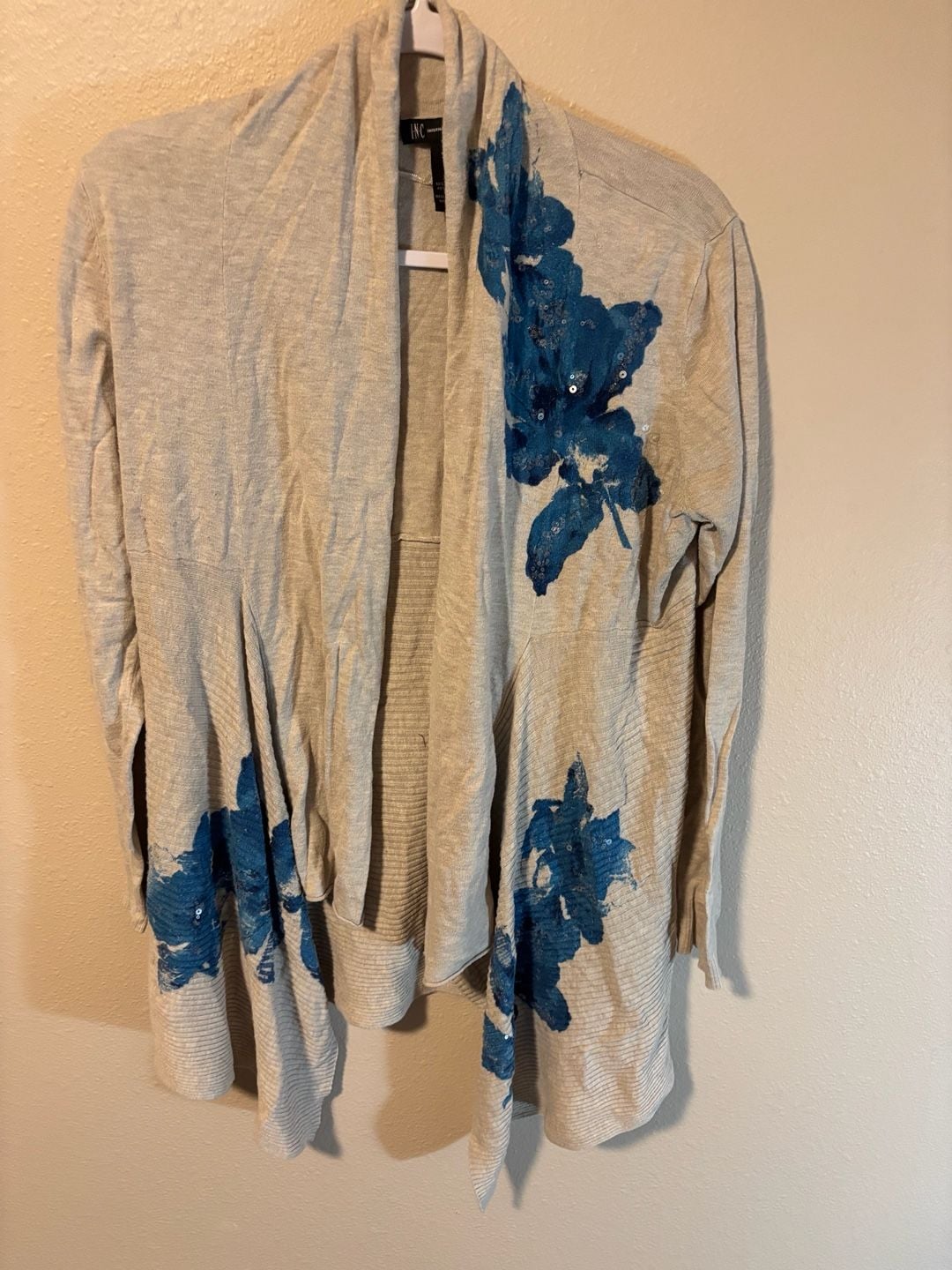 INC International Concepts Cardigan Size XL Beige Blue Floral Sequin 2