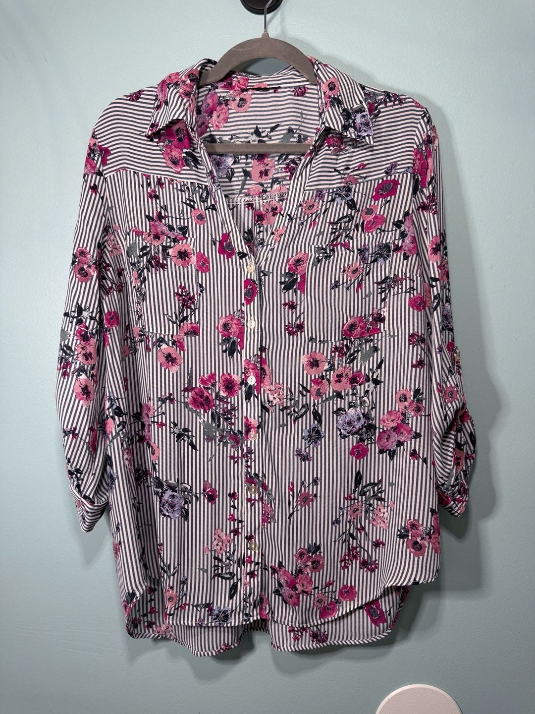Unbranded Striped Floral Button Down Blouse 2