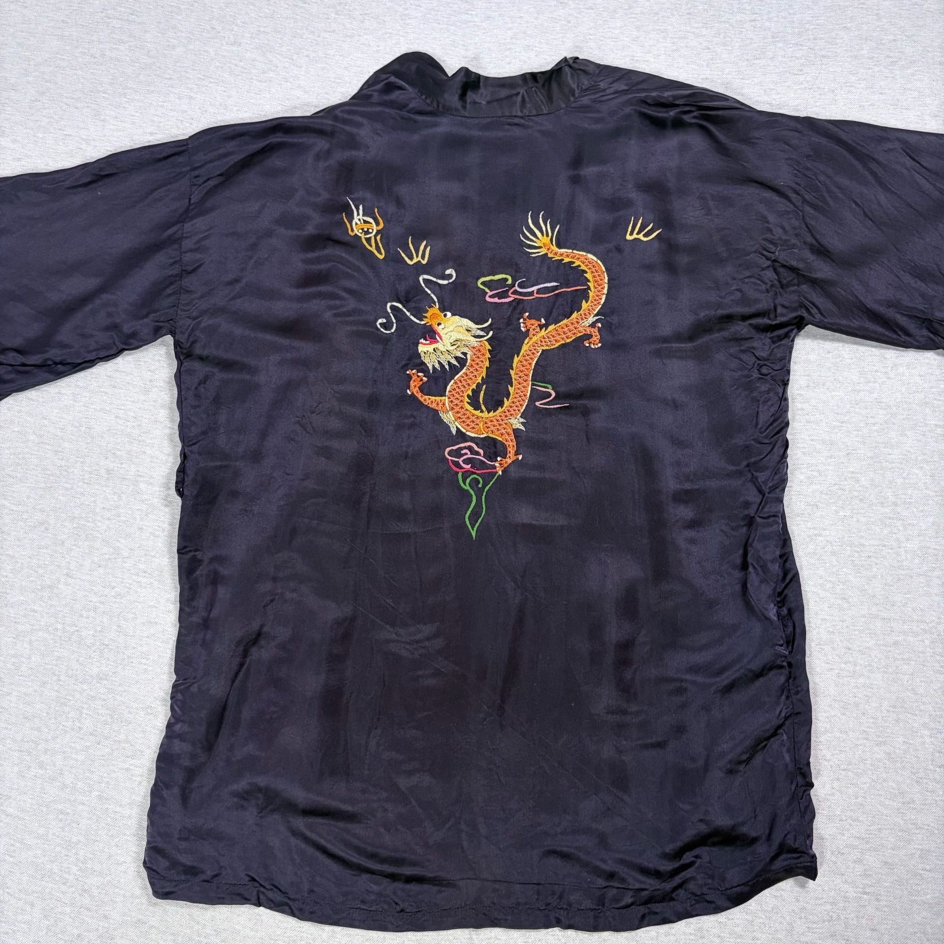 Vintage Golden Dragon Silk Robe Jacket Hand Embroidered Black Short Kimono Sz M 8