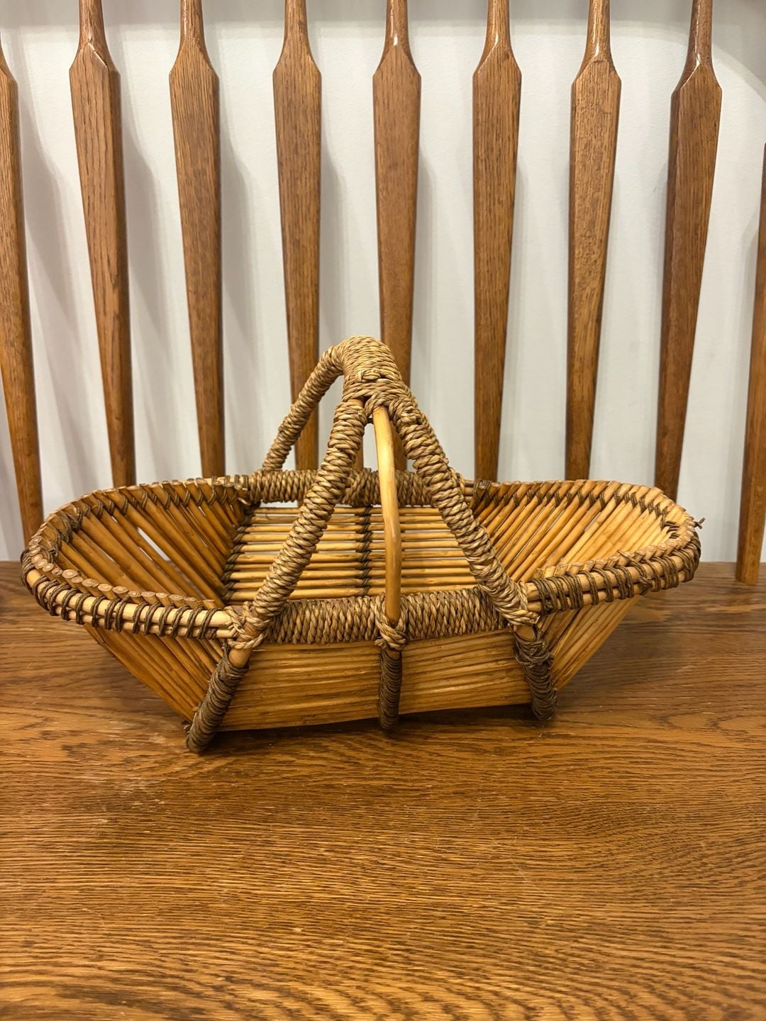 Vintage Wicker Rattan Gathering Basket Double Handle 1