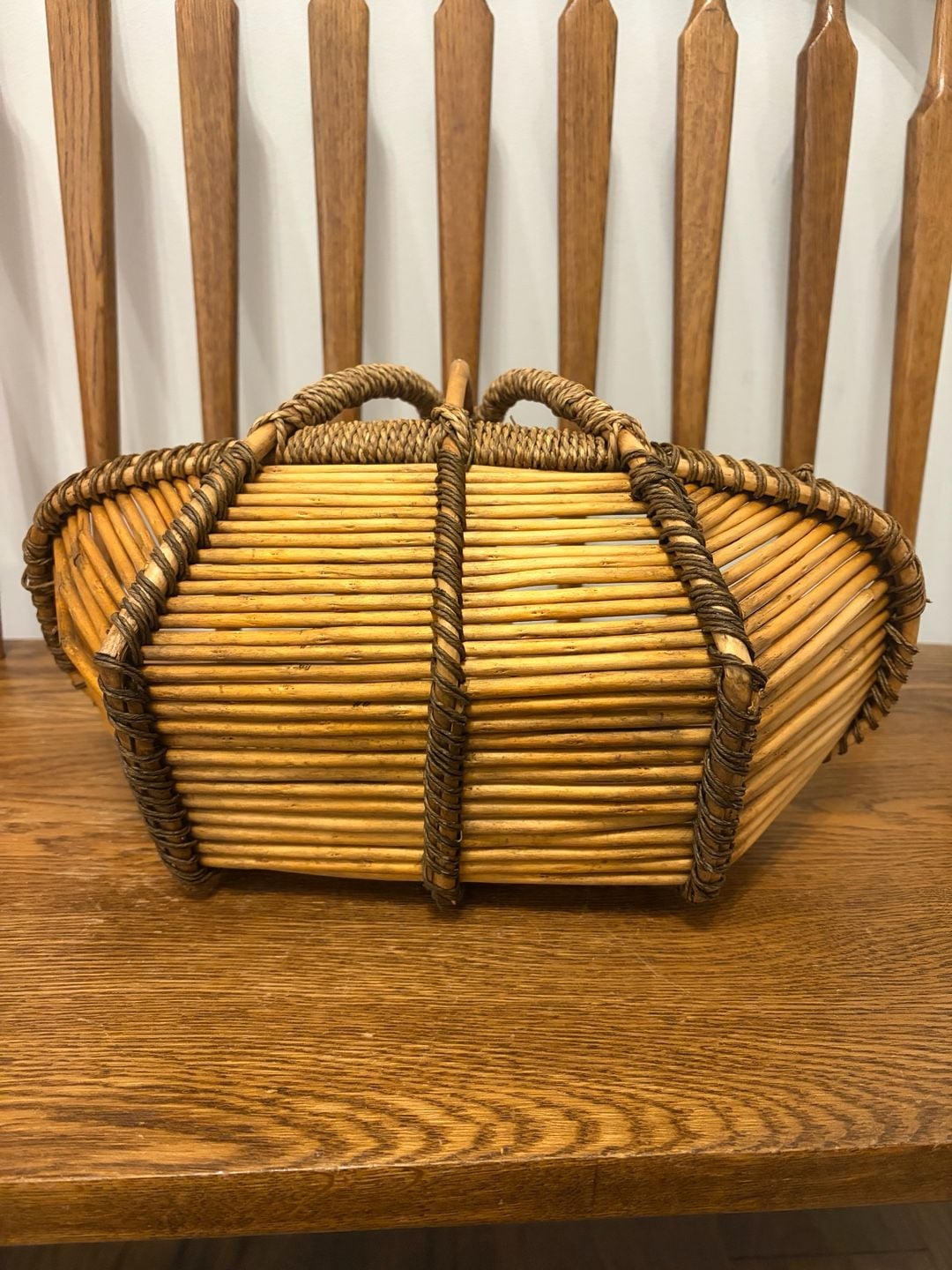 Vintage Wicker Rattan Gathering Basket Double Handle 3