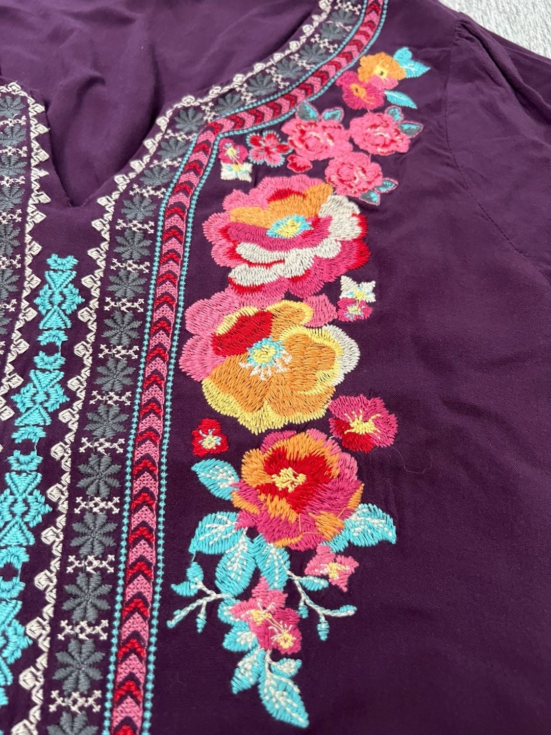Andree by Unit Women L Purple Floral Embroidered Boho Bell Sleeve Blouse 8