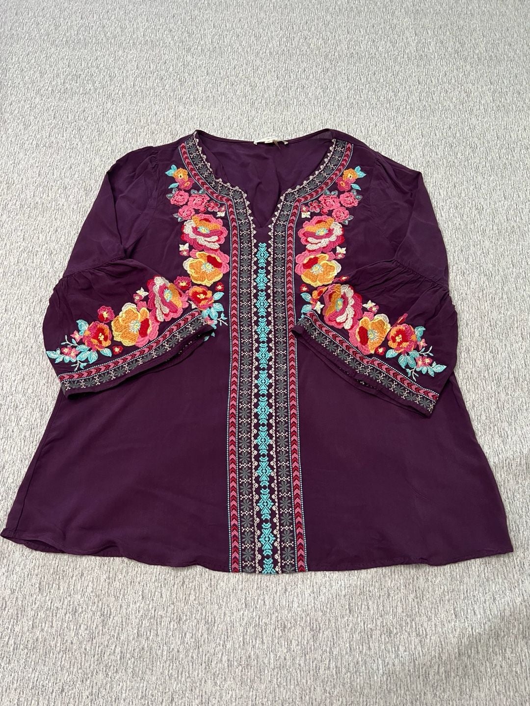 Andree by Unit Women L Purple Floral Embroidered Boho Bell Sleeve Blouse 10