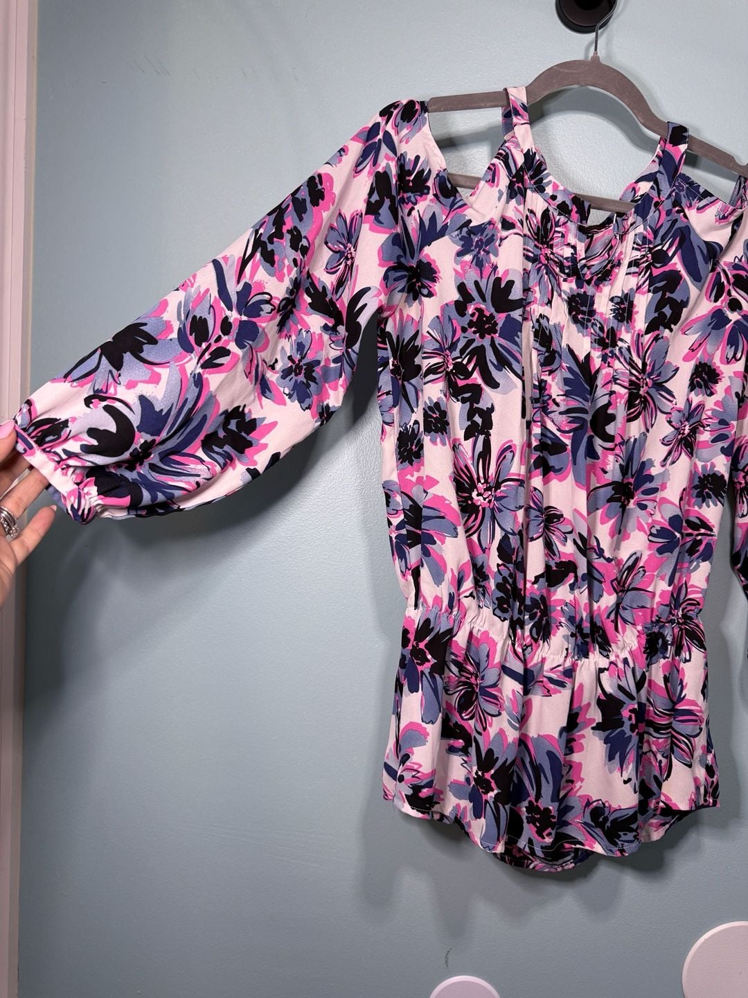Savoir Cold Shoulder Blouse Floral Pink Blue Long Sleeve 3