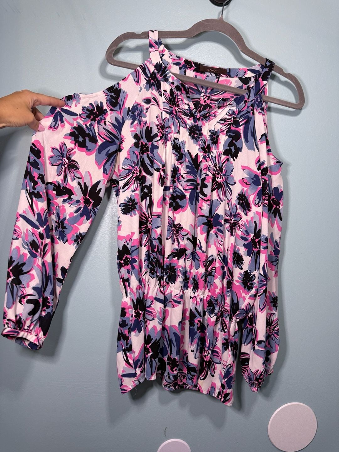 Savoir Cold Shoulder Blouse Floral Pink Blue Long Sleeve 7