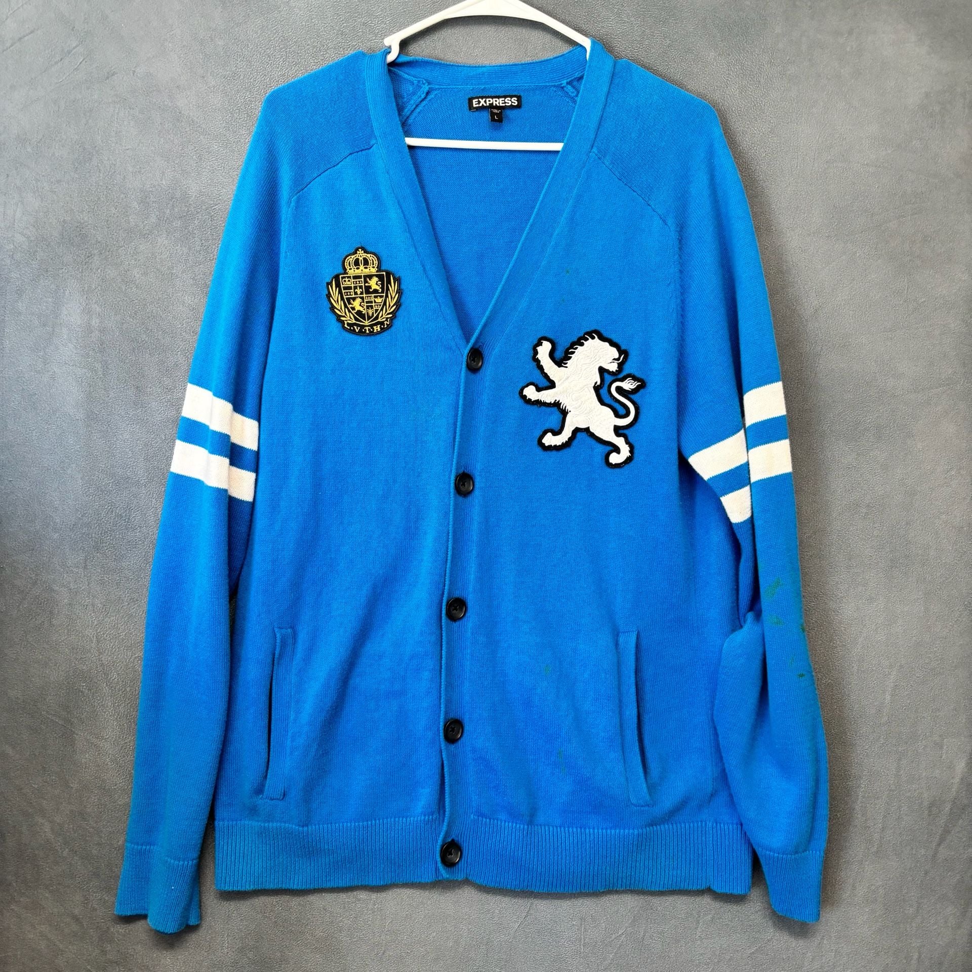 Express Cardigan Sweater Size L Blue Crest Patch Varsity READ!!! 2