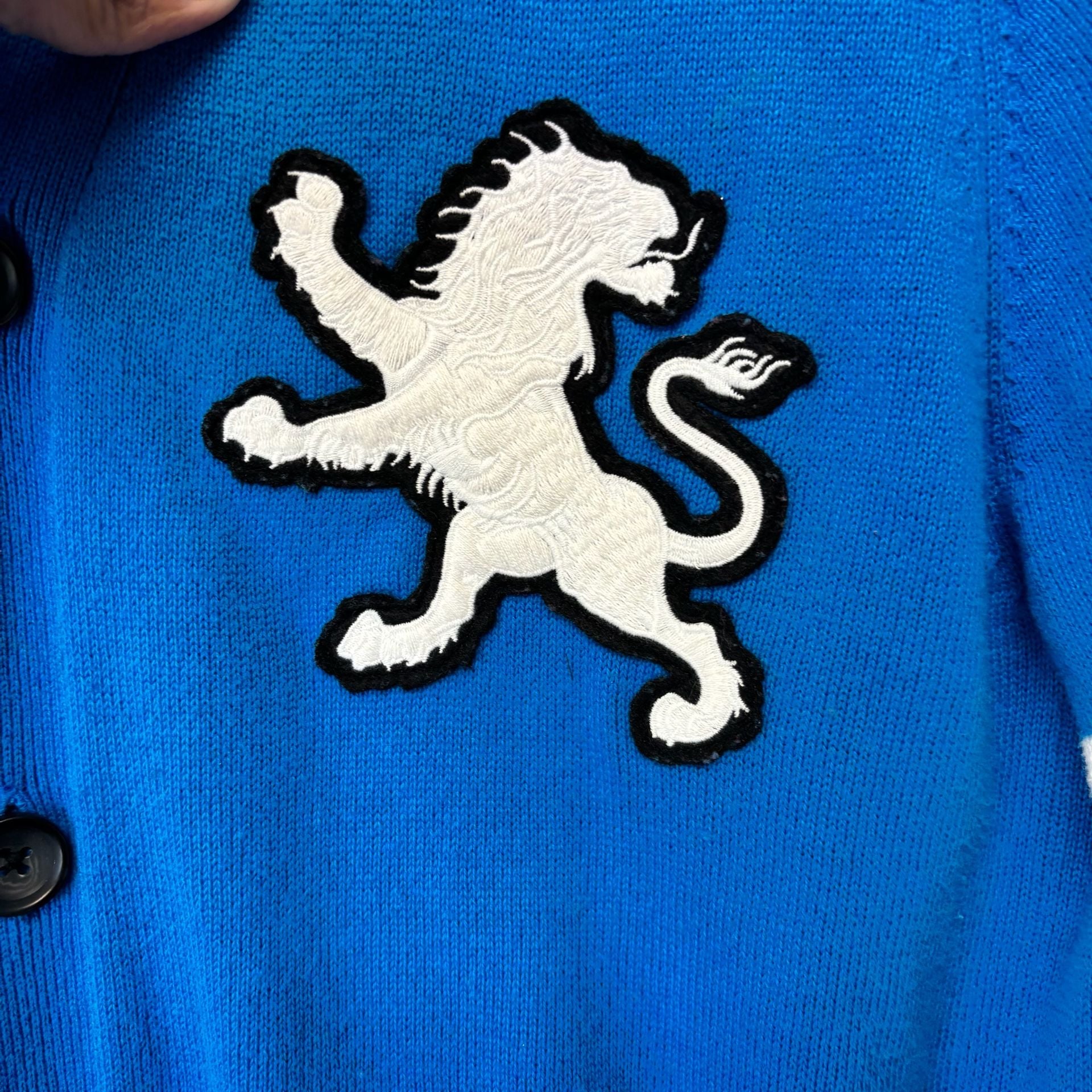 Express Cardigan Sweater Size L Blue Crest Patch Varsity READ!!! 6