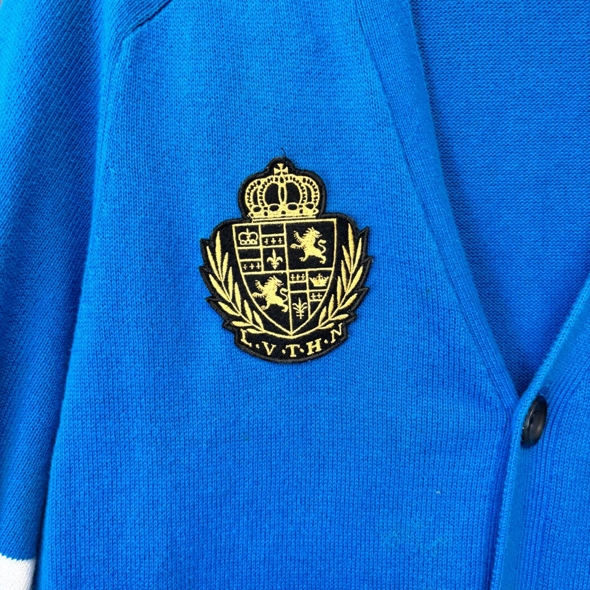 Express Cardigan Sweater Size L Blue Crest Patch Varsity READ!!! 7