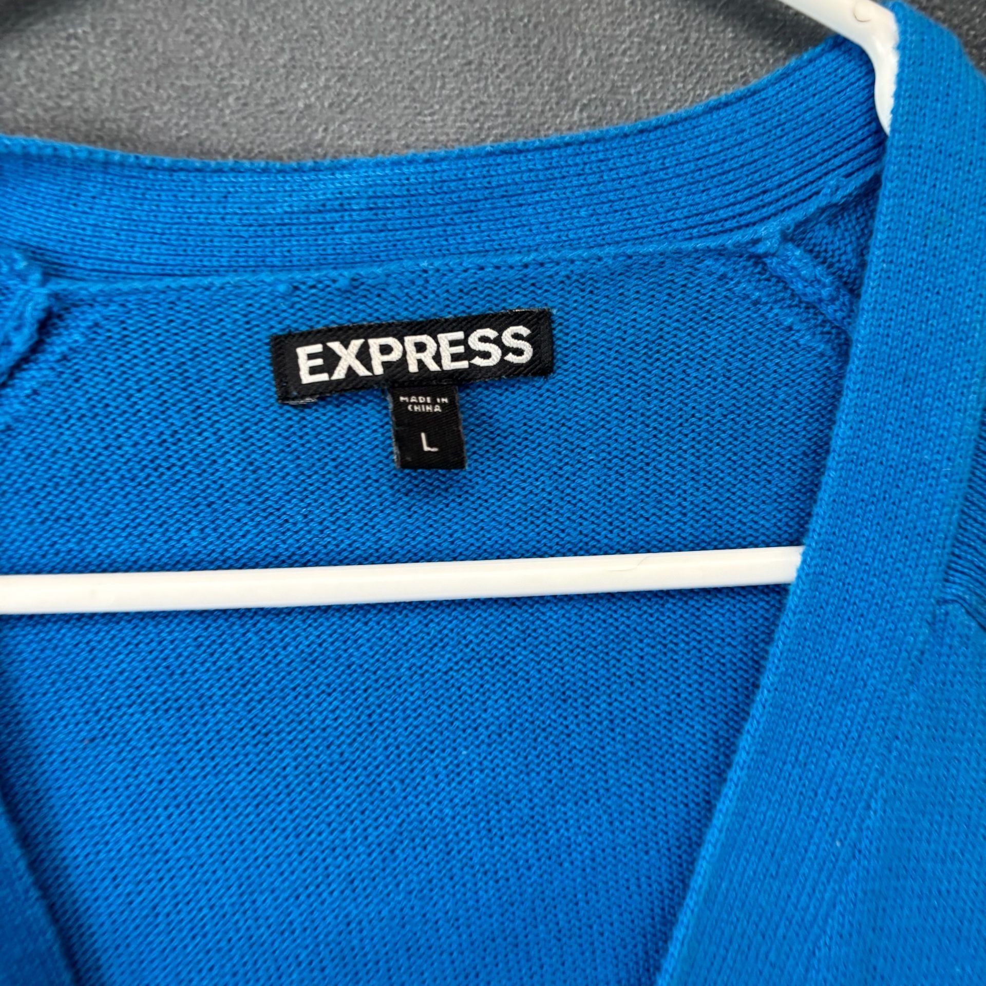 Express Cardigan Sweater Size L Blue Crest Patch Varsity READ!!! 8