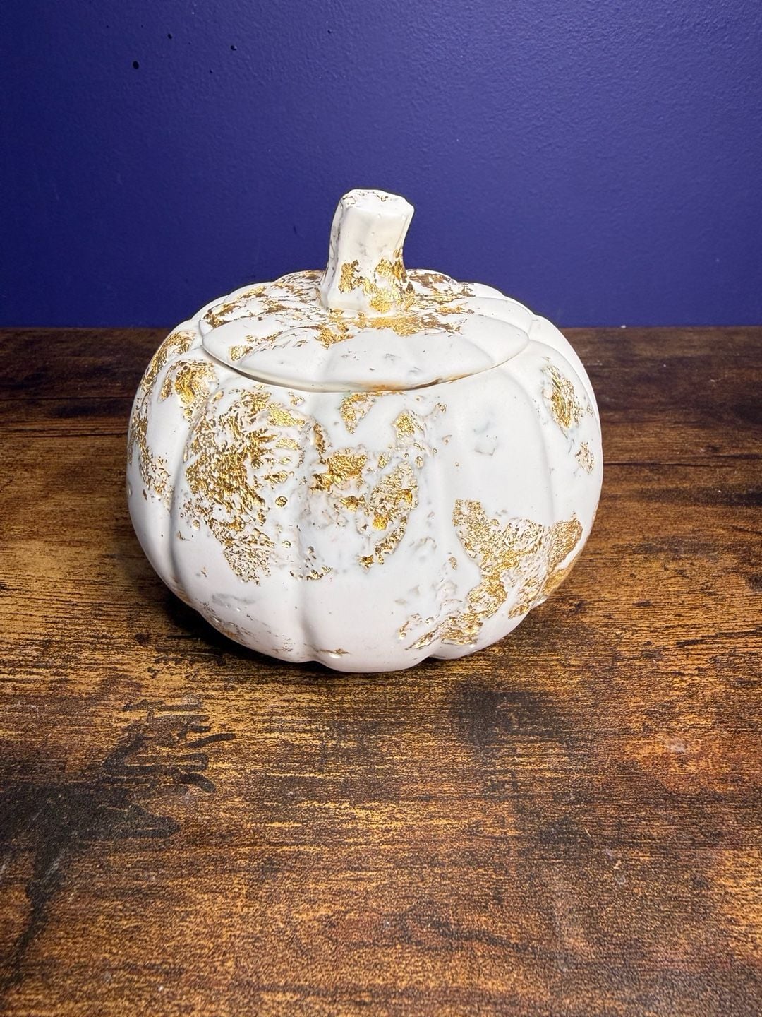 Handmade White And Gold Leaf Pumpkin Lidded Jar 1