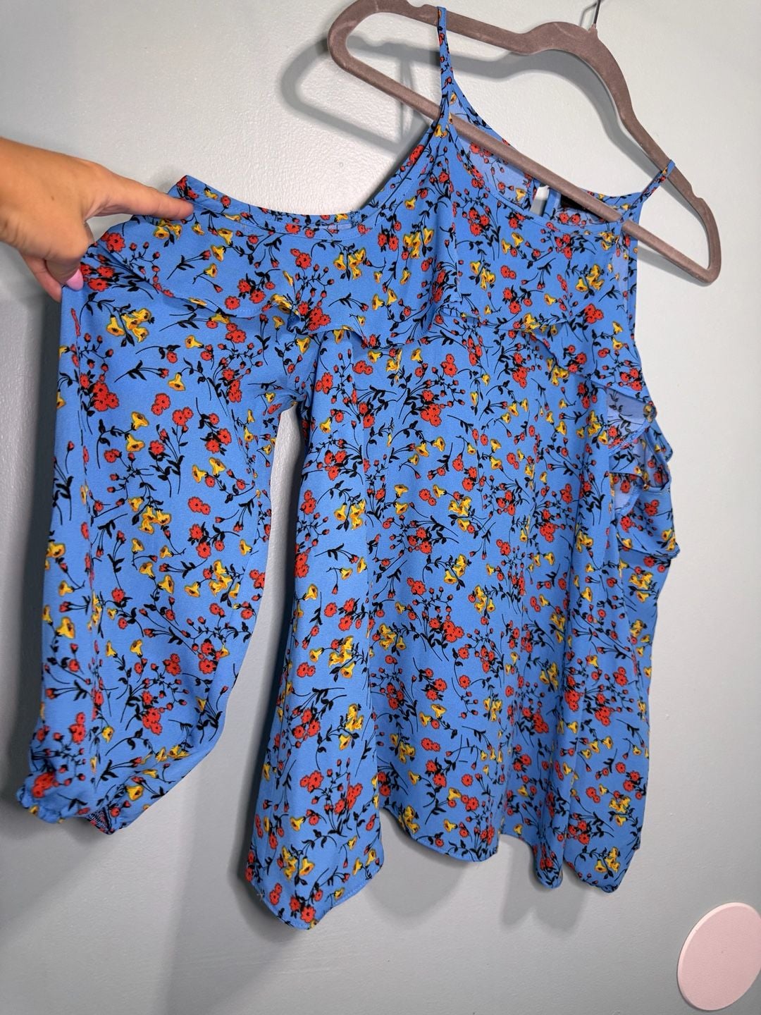 Papaya Floral Blouse Size 12 Cold Shoulder Ruffle Blue 4