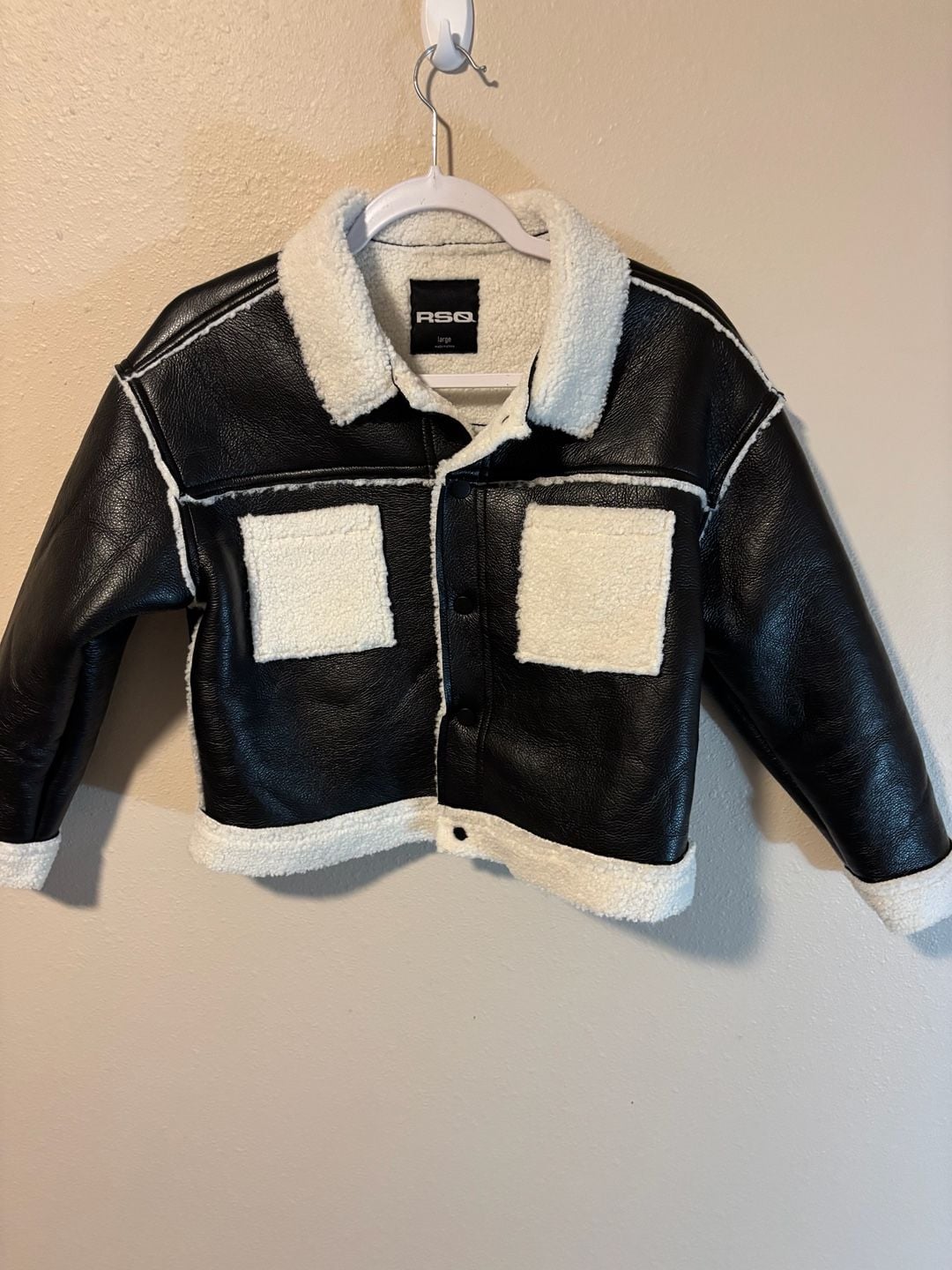 RSQ Faux Leather Sherpa Jacket Size L Black White 2