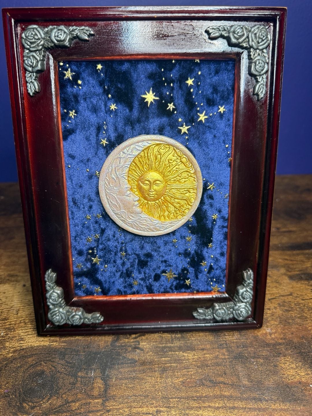 Handmade framed celestial focal on blue galaxy velvet. 1