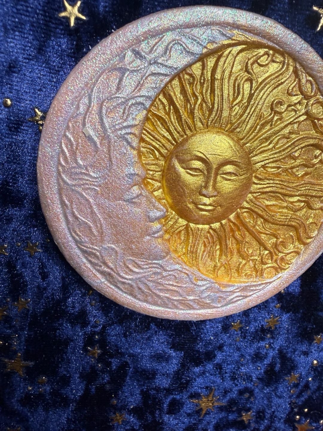 Handmade framed celestial focal on blue galaxy velvet. 2