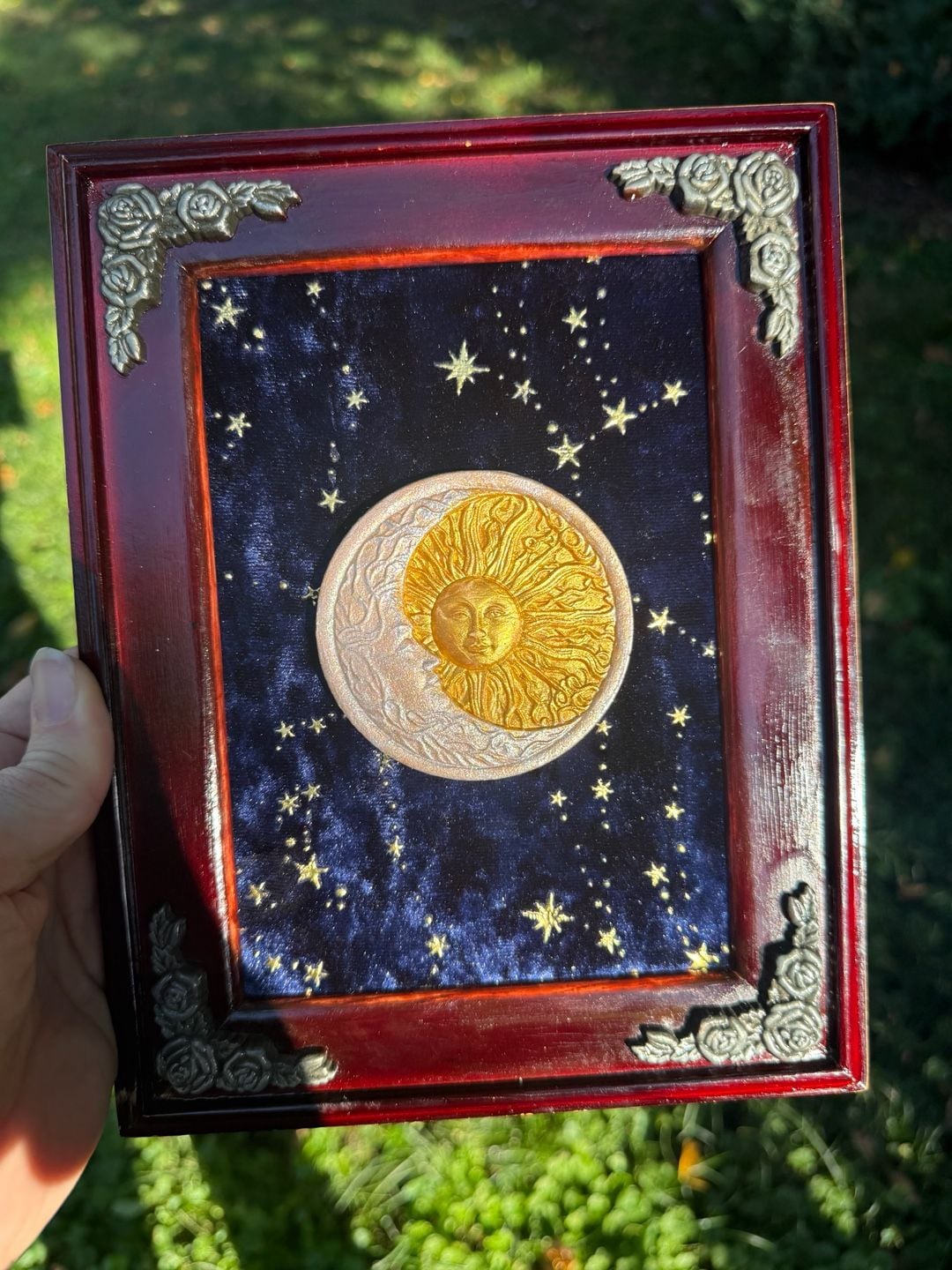 Handmade framed celestial focal on blue galaxy velvet. 6