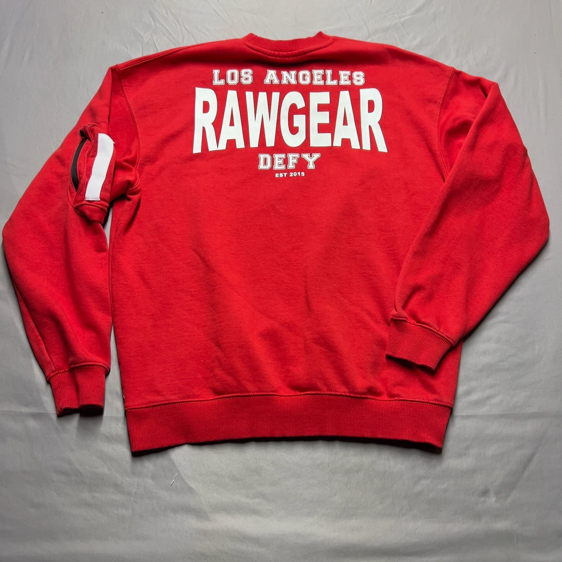 Rawgear Logo Crewneck Sweatshirt Red Gym Wear With Zipper Storage On arm Sleeve 10