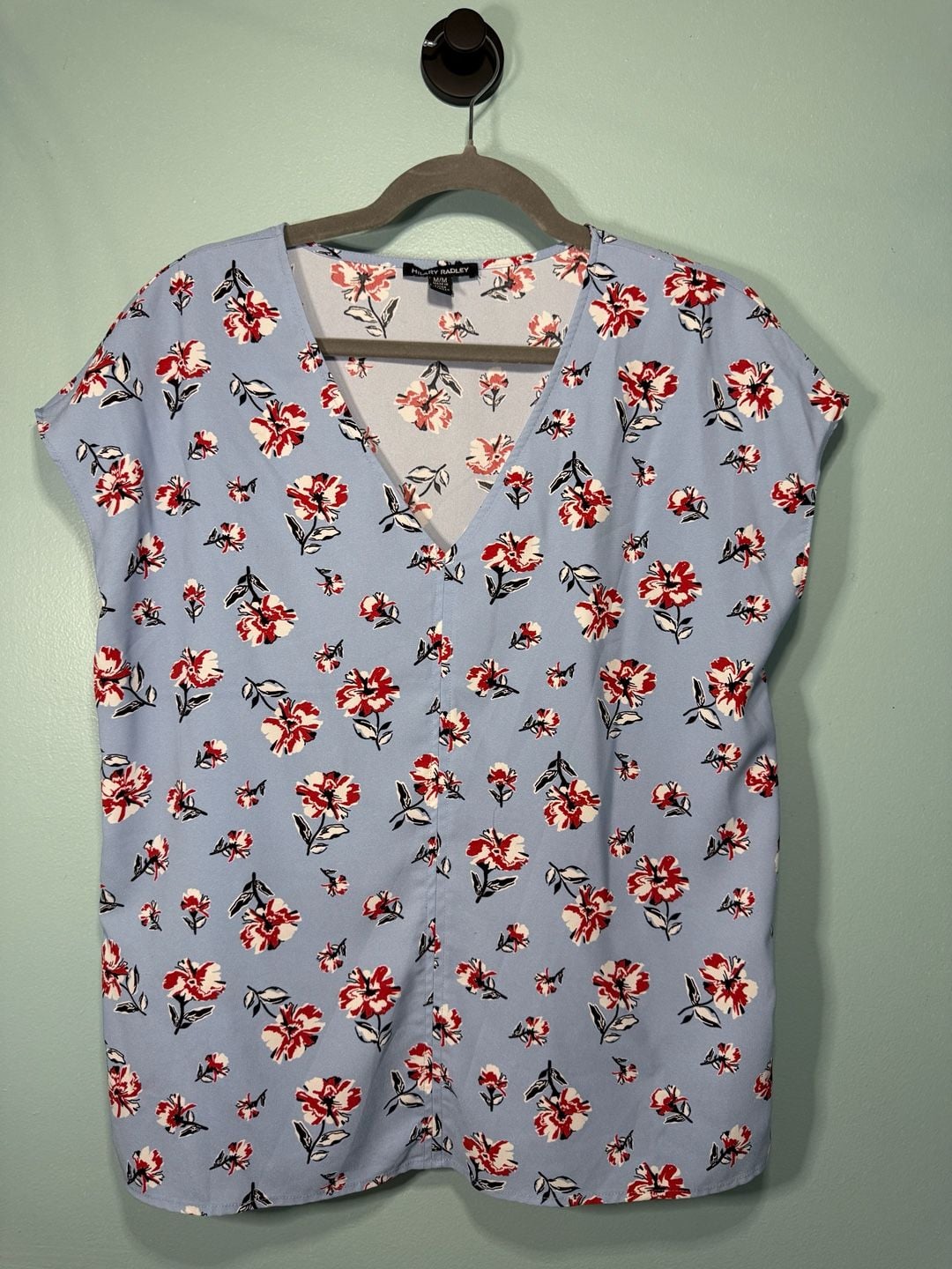Hilary Radley Floral Blouse Size M Blue Red V-Neck Short Sleeve 2