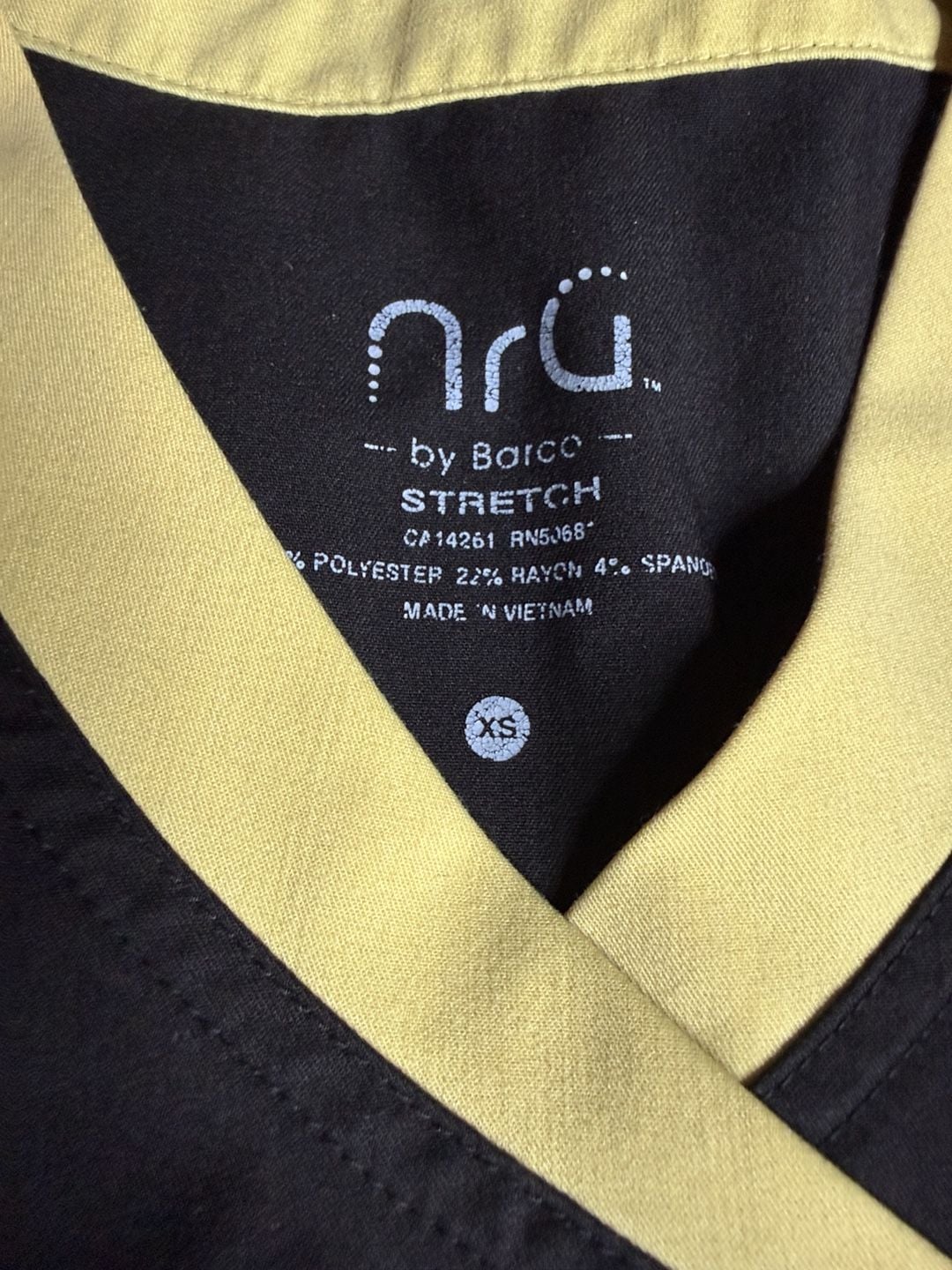 NRG by Barco Scrub Top Size XS Black Yellow V-Neck 3