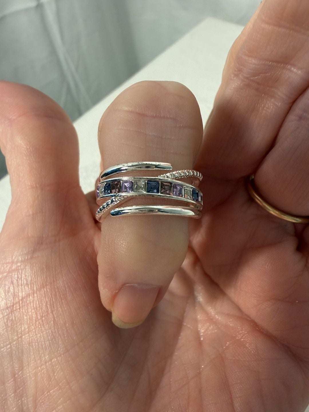 Unbranded Multi-Band Sterling Silver Ring with Purple and White Crystals 2
